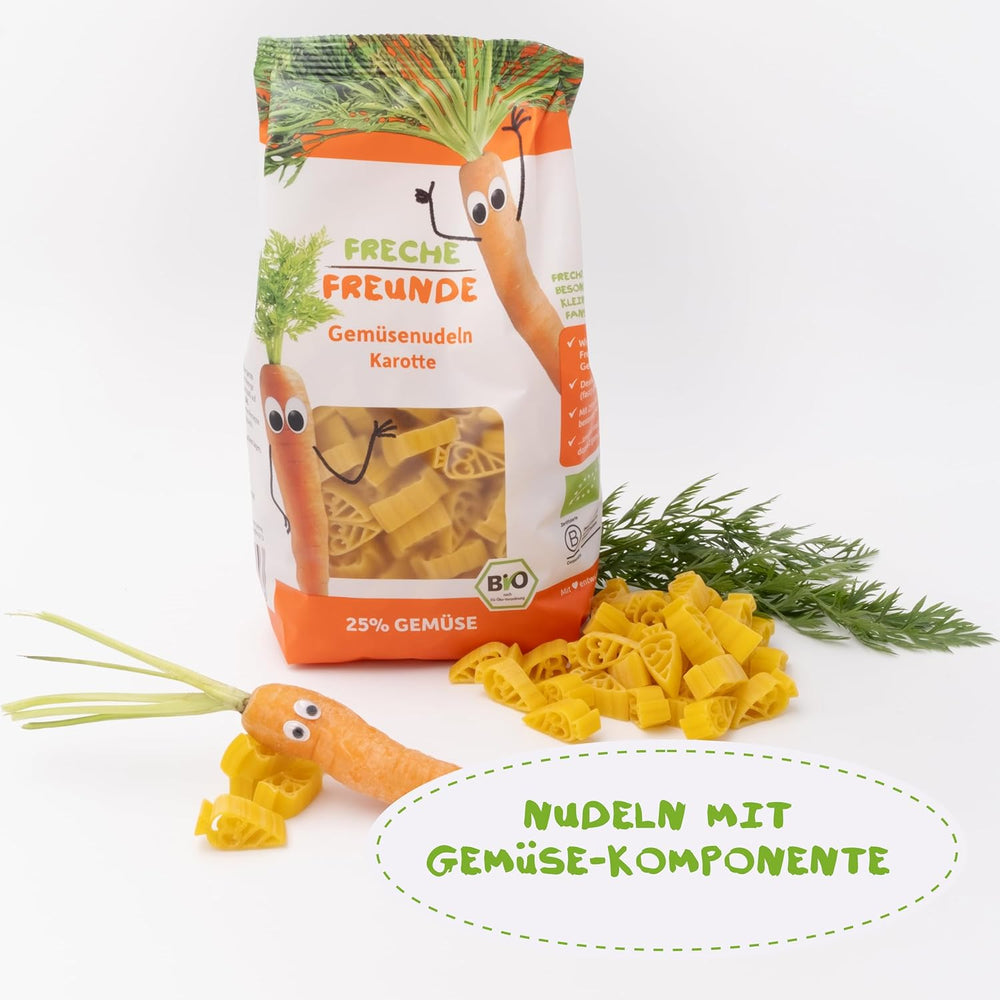 Tăiței vegetali organici Freche Freunde „Morcov”, cu 25% conținut de legume, vegani, pachet de 6 (6 x 300 g)