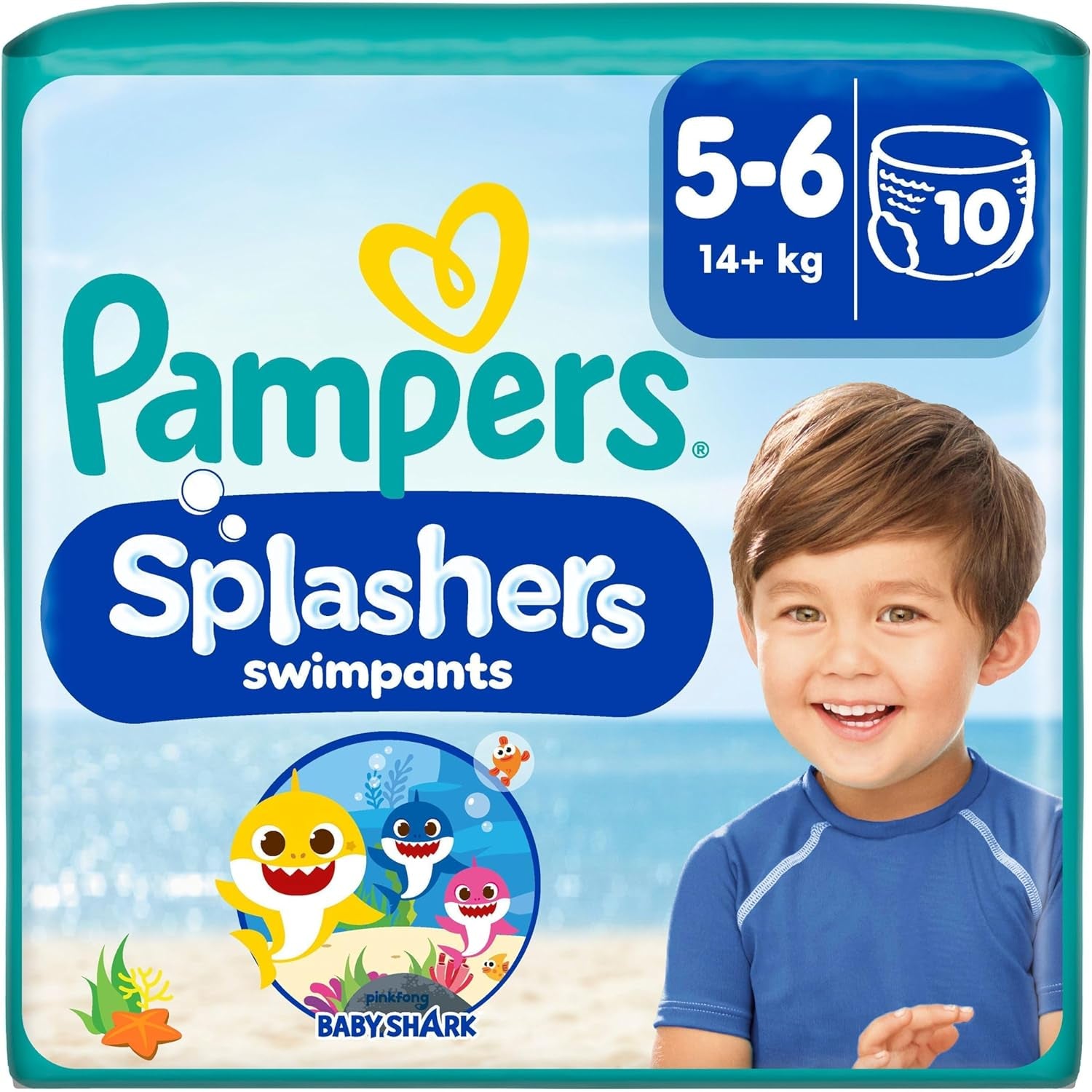 Scutece Pampers mărimea 5-6, Splashers Baby Shark Limited Edition, 10 bucăți, scutece de înot de unică folosință, pentru protecție sigură în apă