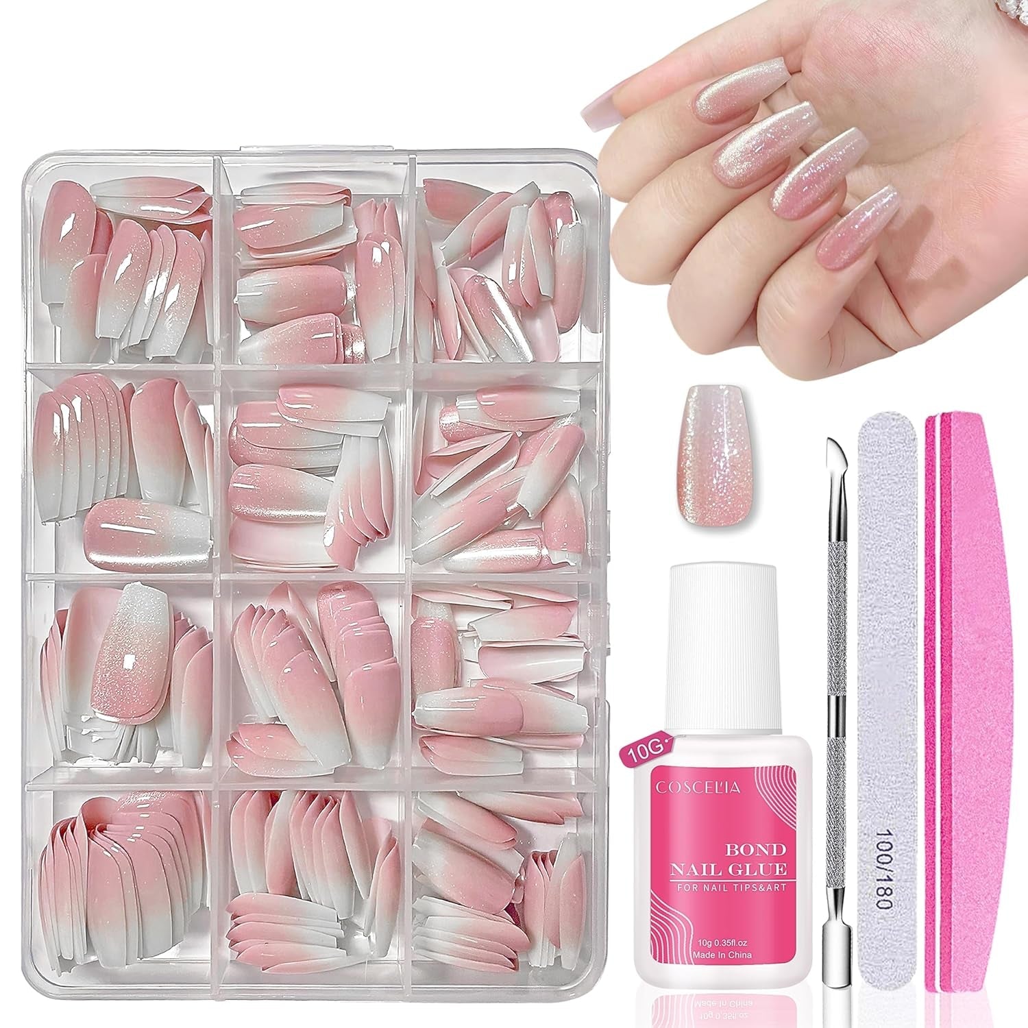 Set de unghii false - 240 de bucăți, unghii false franțuzești, pentru lipit - Design gradient alb roz, unghii artificiale, acoperire completă, gel moale, naturale și confortabile la purtare (migdală roz)