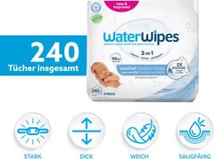 Șervețele umede WaterWipes Sensitive+ pentru nou-născuți și bebeluși, 240 bucăți (4 pachete), curățare, îngrijire, protecție 3 în 1, 99,9% apă, fără parfum