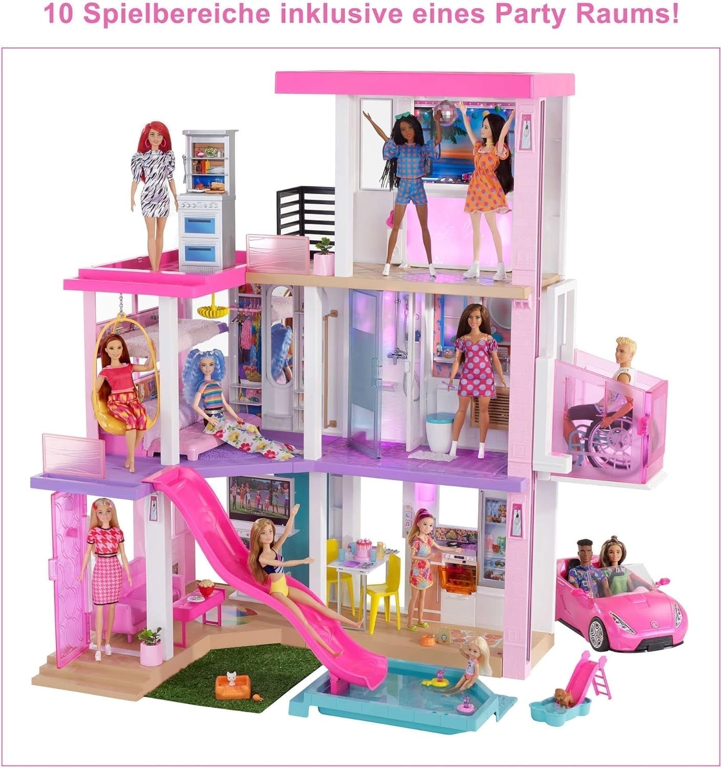 Barbie Dream House (114 Cm), casă de păpuși cu 3 etaje, piscină, tobogan, lift pentru scaun cu rotile, 75 de accesorii, păpuși, Potrivit ca cadou pentru copii cu vârsta de 3 ani și peste, GRG93 Casute de papusi Naty Shop