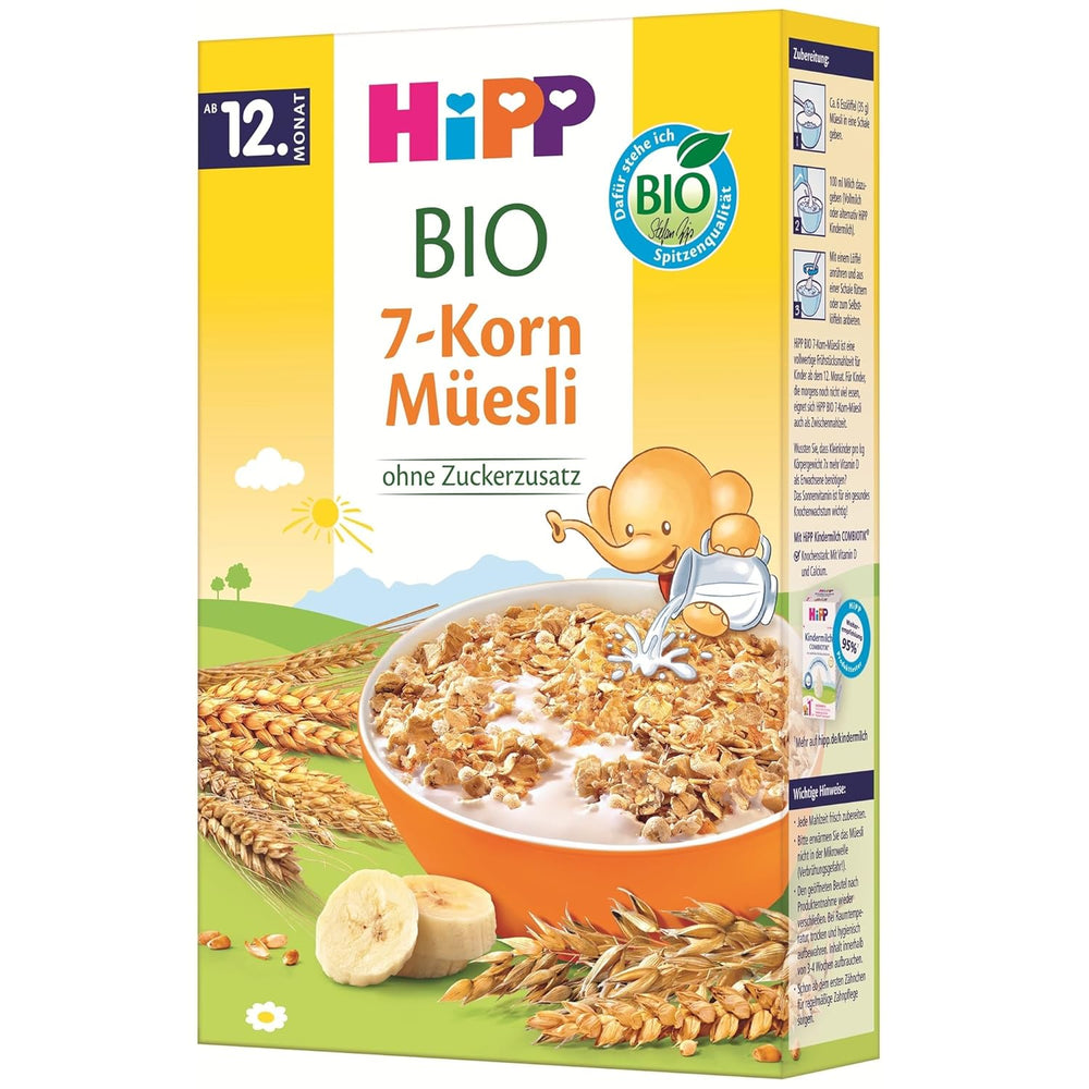 Muesli organic HiPP cu 7 cereale (8 x 200 g), de la 12 luni, fără zahăr adăugat, bucăți extra fine - ușor de mestecat, de cea mai bună calitate organică
