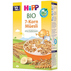Muesli organic HiPP cu 7 cereale (8 x 200 g), de la 12 luni, fără zahăr adăugat, bucăți extra fine - ușor de mestecat, de cea mai bună calitate organică