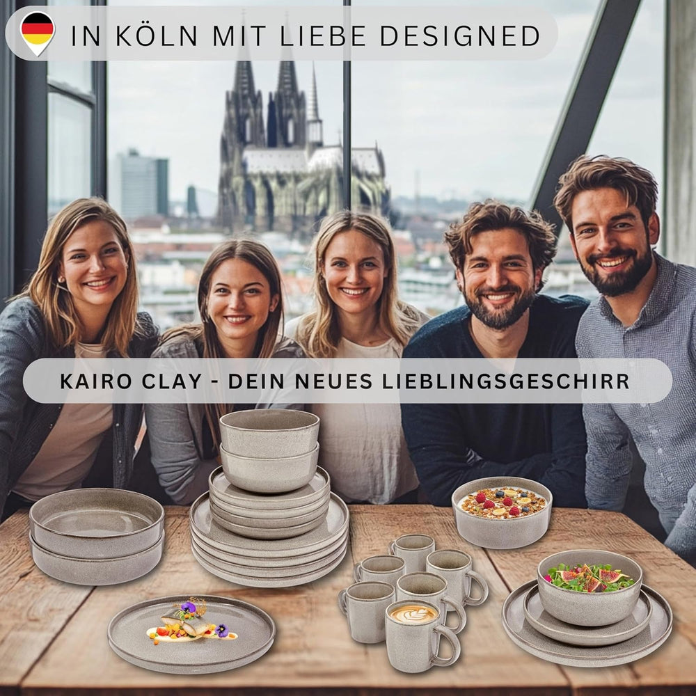 SÄNGER Cairo Clay | Set de veselă 24 piese, set de veselă din gresie pentru 6 persoane, 6 farfurii, 6 farfurii de desert, 6 boluri pentru paste, 6 boluri pentru servire, set de veselă gri | COLECȚIA VALUE