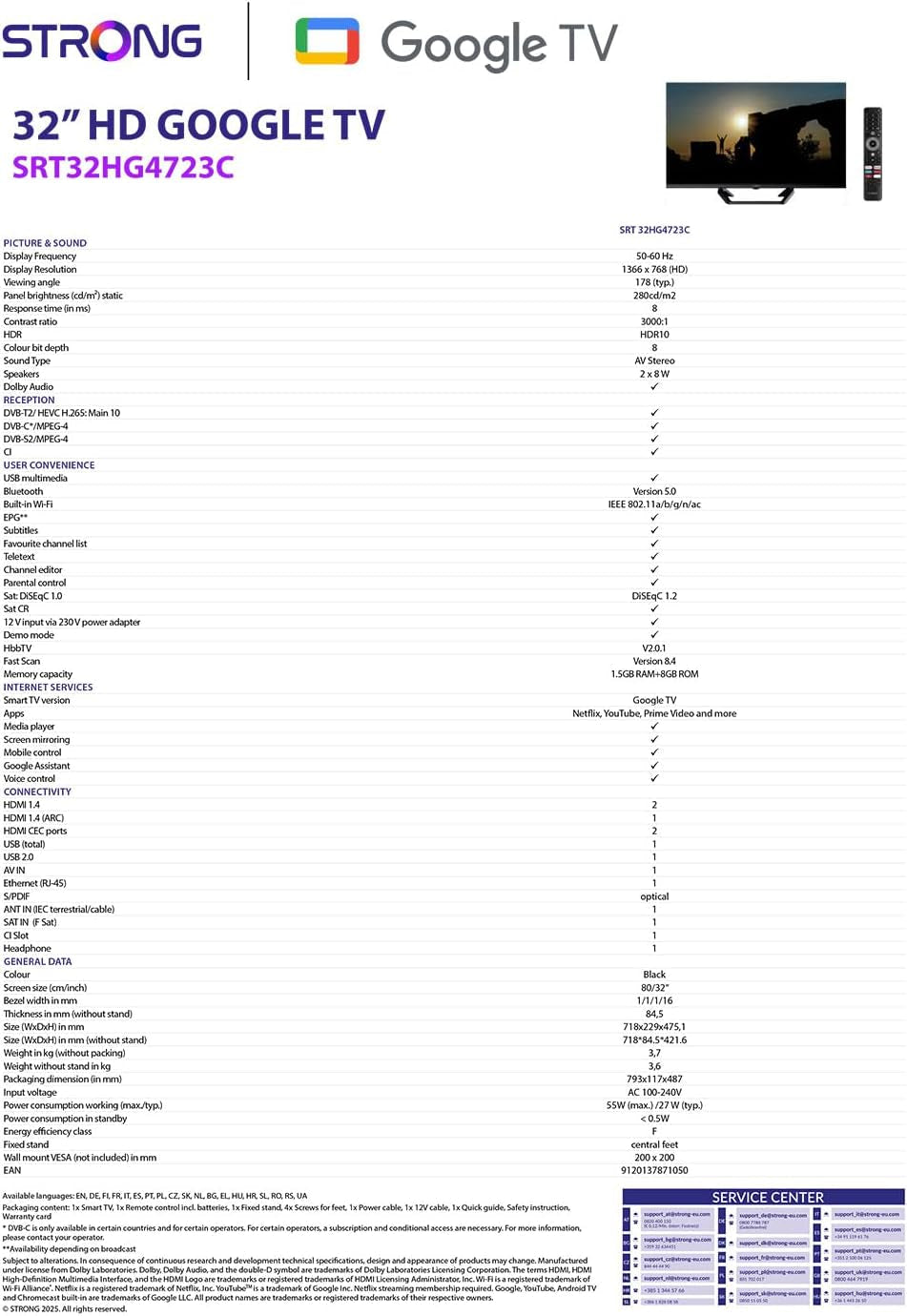 Televizor HD STRONG SRT32HG4723C de 32'' - DVB-S2/C/T2, 12V Ideal pentru autorulote, bucătării, dormitoare, bărci, 2 porturi HDMI + 1 port USB + Mini-AV + conexiune antenă/satelit - Negru