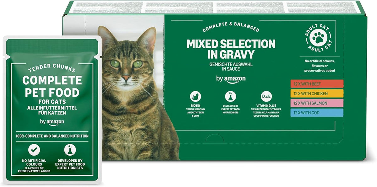 Hrană umedă pentru pisici adulte de la Amazon, selecție mixtă în sos, 4,8 kg (48 pachete x 100 g)