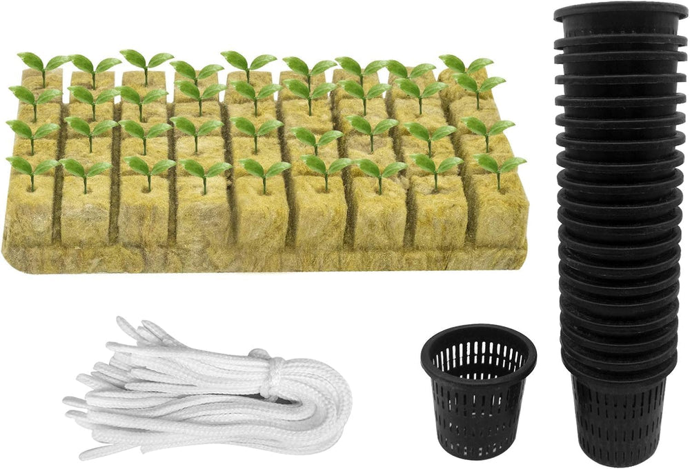 76 Stück Hydrokultur Pflanzen Net Kit -20 Stück 2inch(5cm)-Topfbecher mit geschlitztem Netz, 36Stück Steinwolle Anzucht, 20Stück Artikel Selbstbewässernde Dochtschnur aus Baumwolle für Hydrokultur