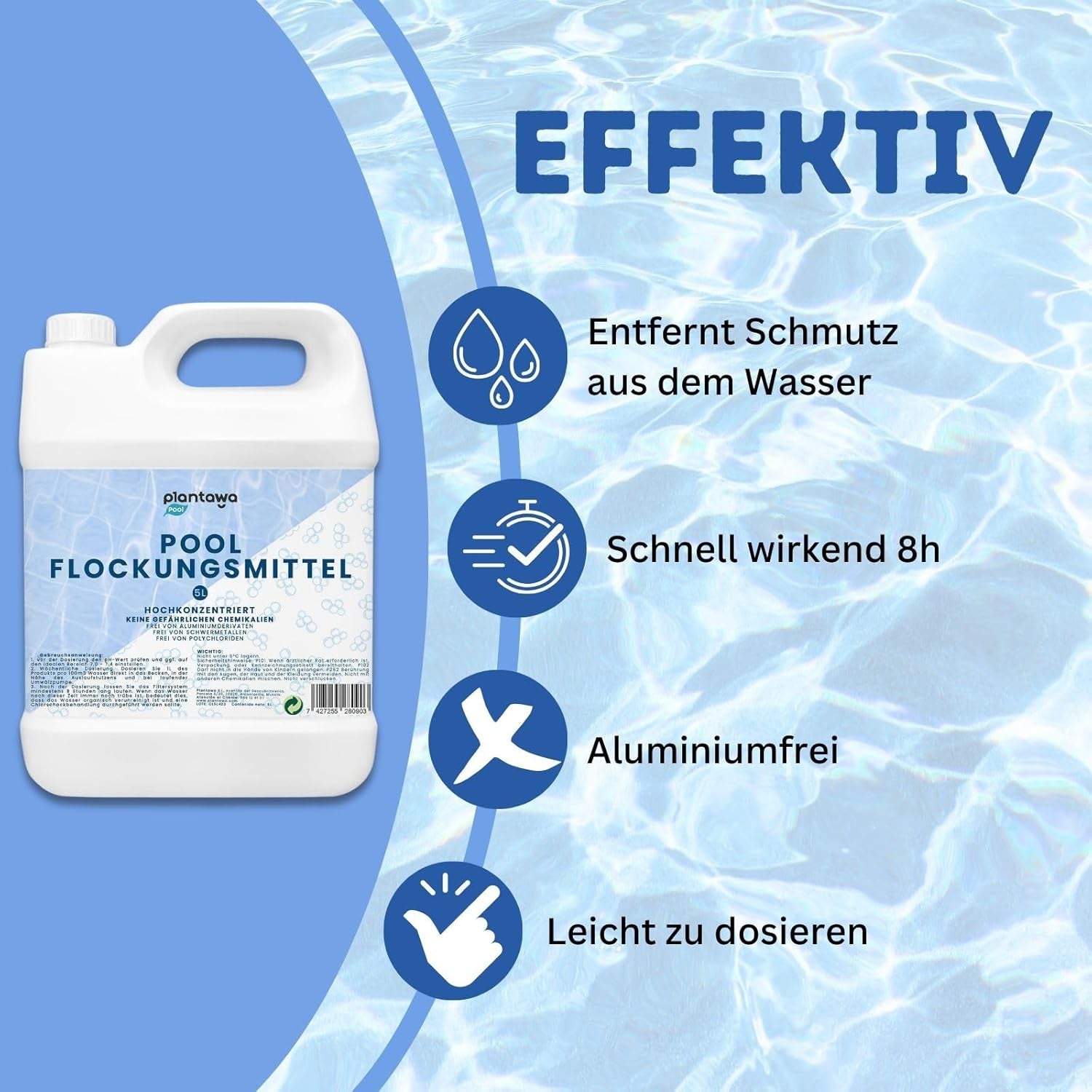 Floculant pentru piscină 5L | Floculant pentru piscină pentru apă cristalină | Foarte concentrat și economic | Potrivit pentru toate sistemele de filtrare | Fără aditivi nocivi