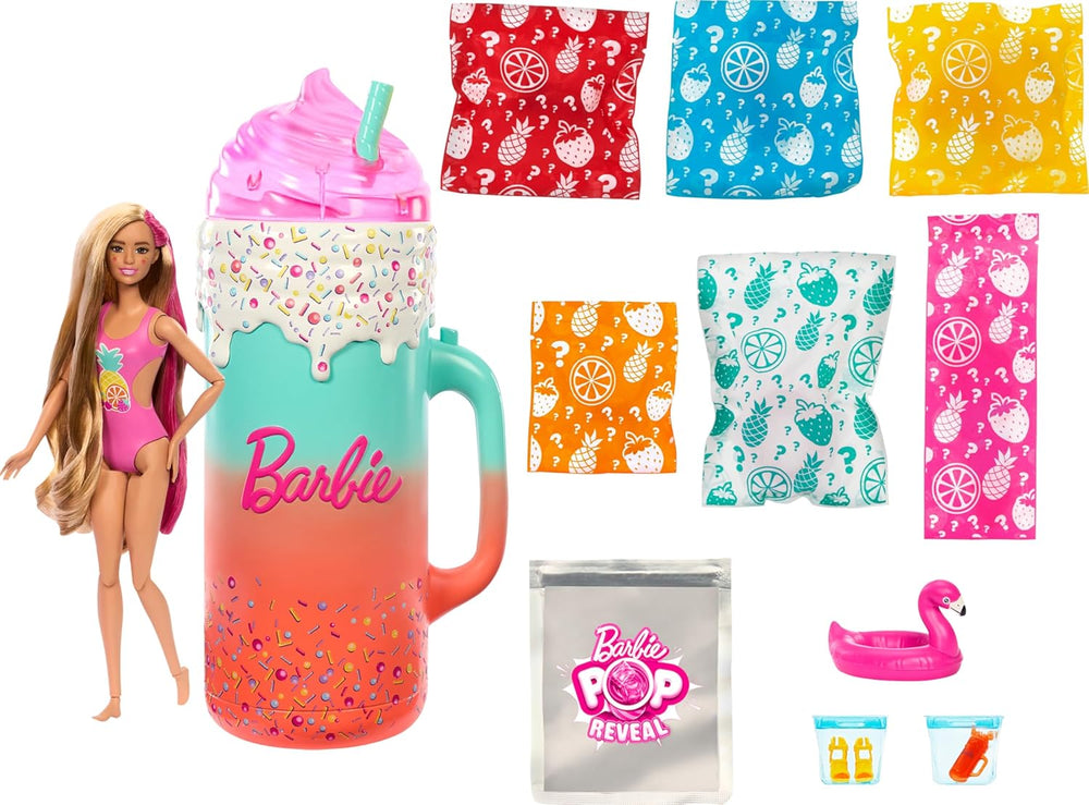 Set cadou BARBIE Pop Reveal Rise & Surprise - peste 15 surprize, inclusiv 1 păpușă Barbie, accesorii de plajă, pentru distracție jucăușă și plină de fructe, pentru copii cu vârsta de 3 ani și peste, HRK57
