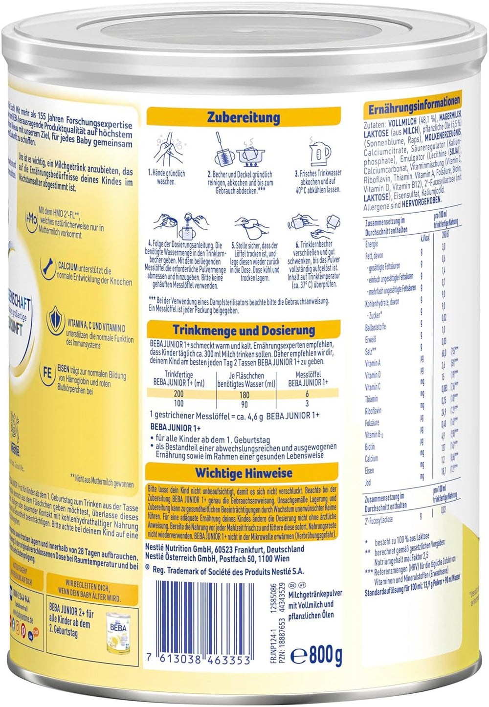 Băutură cu lapte BEBA Junior 1+ de la 1 an, Cu HMO, Conținut de proteine adaptat vârstei, Numai lactoză, Fără ulei de palmier, Fără ulei de pește, Hrană pentru copii mici, Lapte praf pentru bebeluși, Pachet de 6 (6 x 800g)