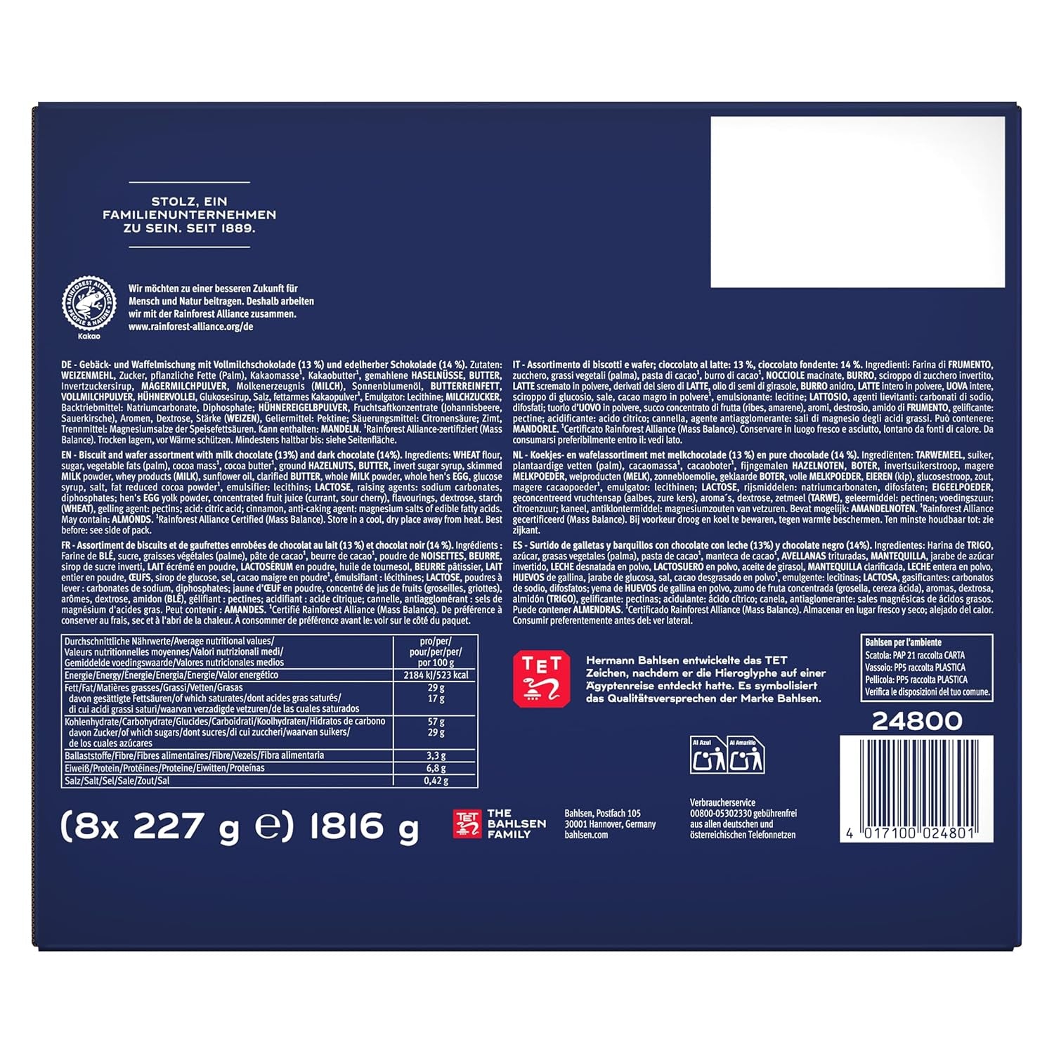 Bahlsen Favourite Collection XL, 1 pachet, mix pentru aluat crocant și napolitane cu lapte și ciocolată neagră (8 x 227 g/ 1816 g)