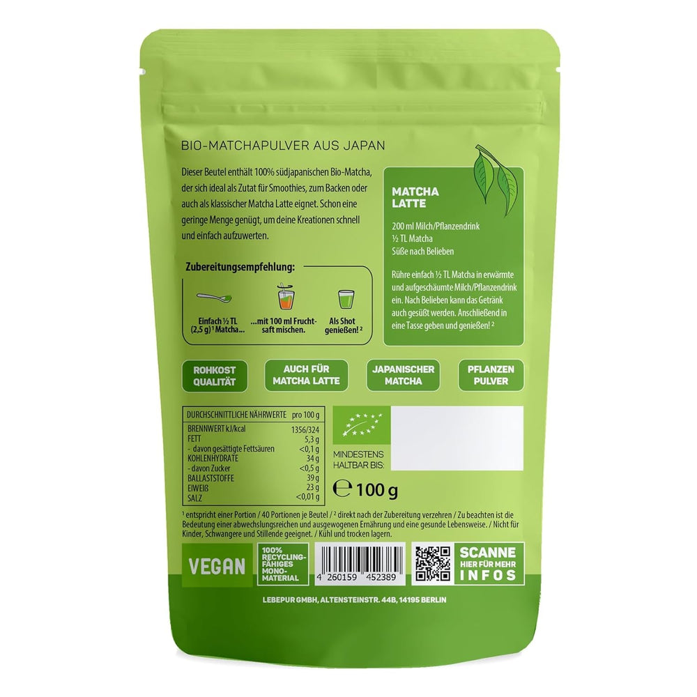 Lebepur BIO Matcha Pulbere 100G - Calitate premium din Japonia Fără aditivi - 100% pulbere de ceai verde pură pentru Matcha Latte, ceai Matcha, ceai verde, smoothie - Ceai verde japonez