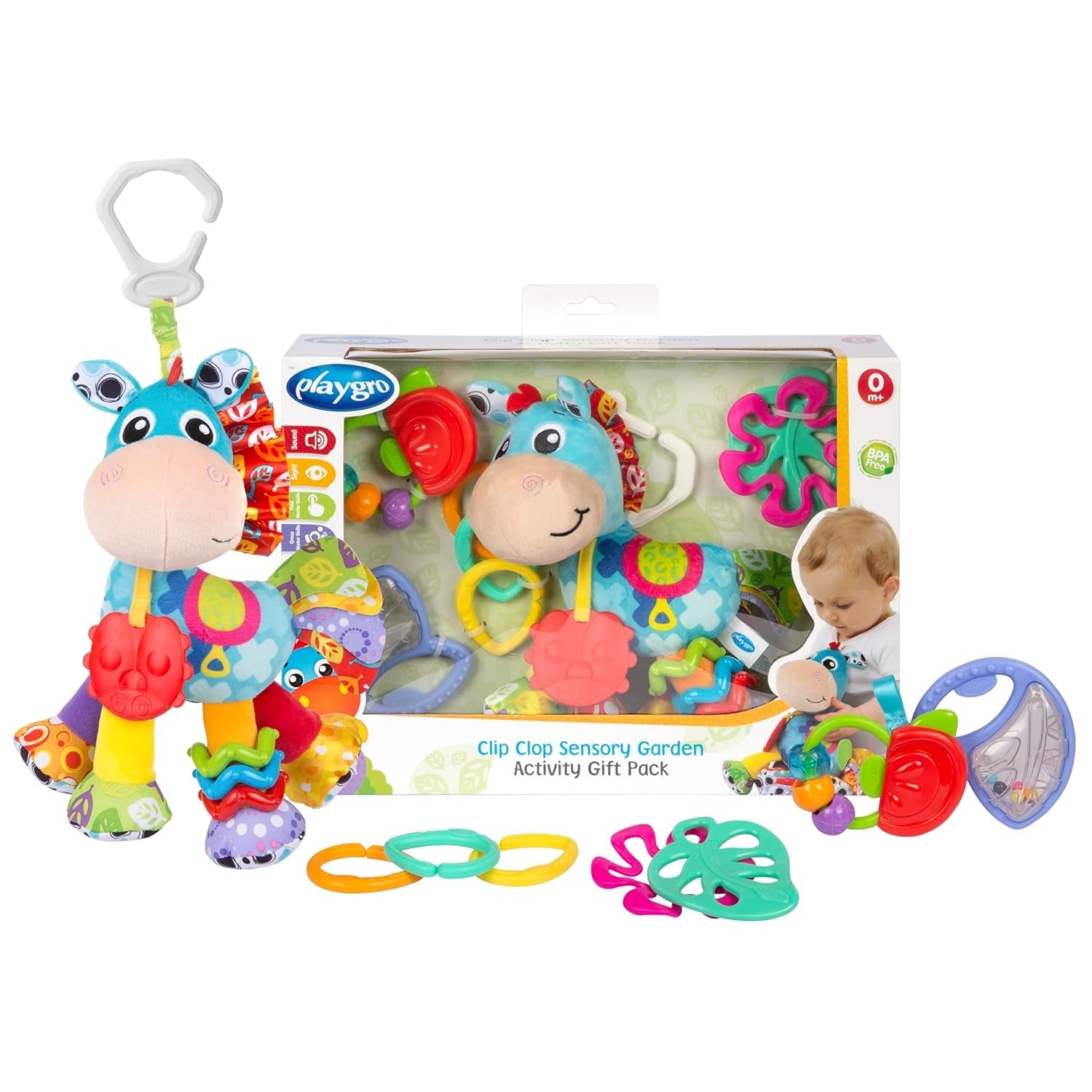 Pachet cadou cu activități Playgro Clip Clop Sensory Garden – jucărie senzorială pentru grădină pentru bebeluși de la 0 luni – jucărie interactivă cu zornăitoare, inel de dentiție și prieten pentru cărucior – 4 piese