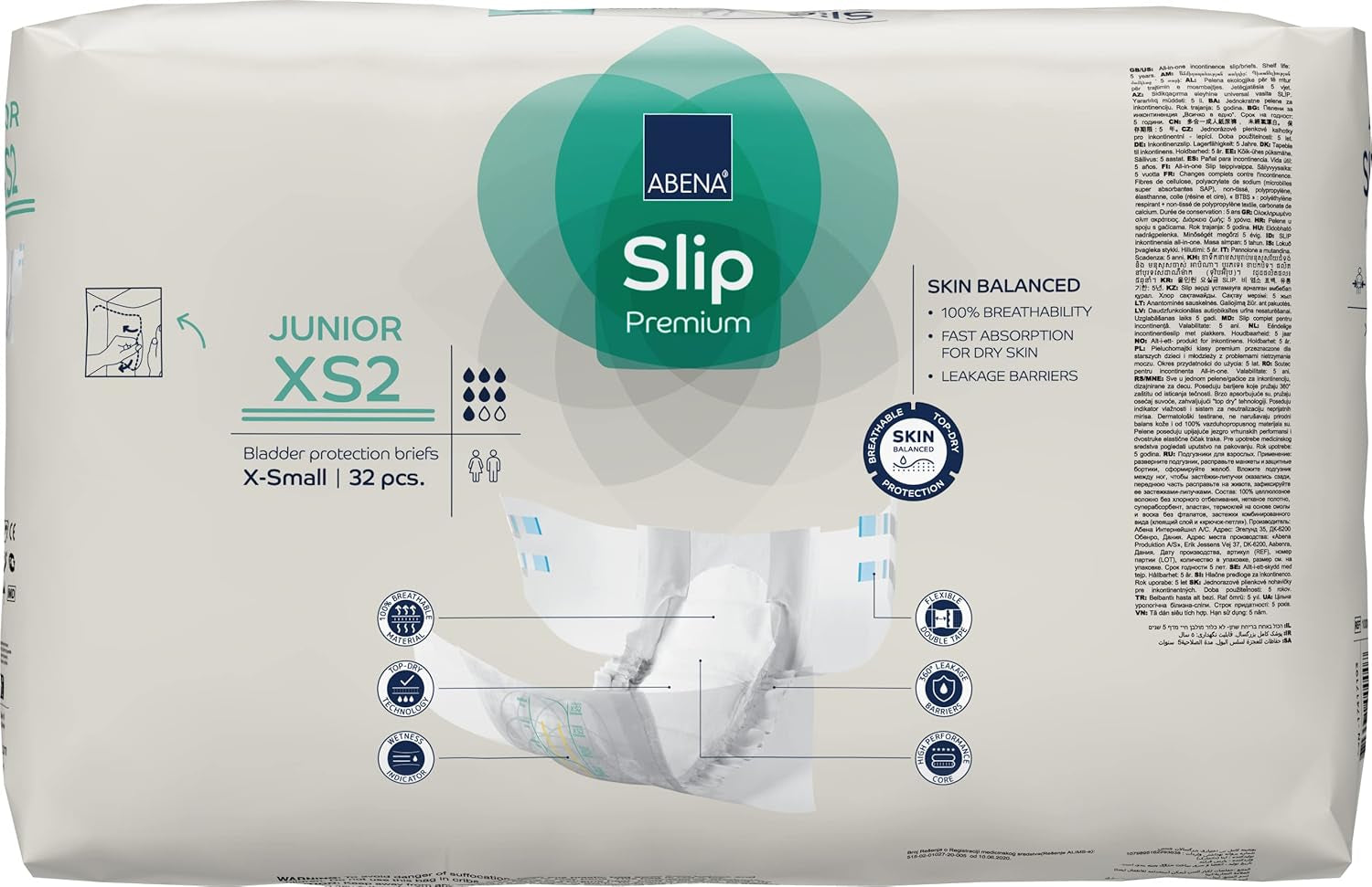 Scutece Slip Premium Junior, etichetate ecologic, protecție îmbunătățită împotriva scurgerilor, scutece sigure și confortabile pentru copii – Mărimea 7/XS2, circumferința taliei 40–60 cm, vârste 5–15 ani, 1 x 32 bucăți