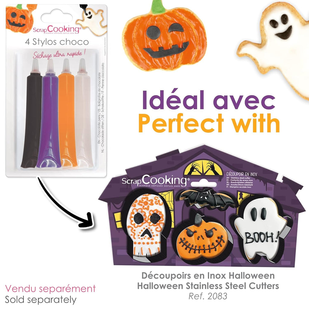 Scrapcooking - Set de 4 creioane colorate de ciocolată pentru Halloween - Negru, portocaliu, violet și alb - Colorant comestibil - Colorant alimentar pentru scris - Scrie și desenează pe deserturi, prăjituri și fursecuri - 7064