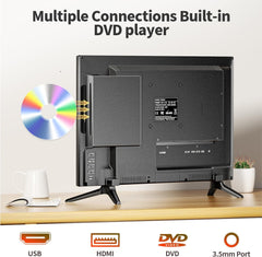 Noi îmbunătățiri - Televizor mic Desobry de 22 de inci cu DVD player, mini TV 1080P tuner DVB-T2 cu antenă, intrare HDMI/USB, combinație TV-DVD de 12V pentru autorulote, bucătării și camere mici