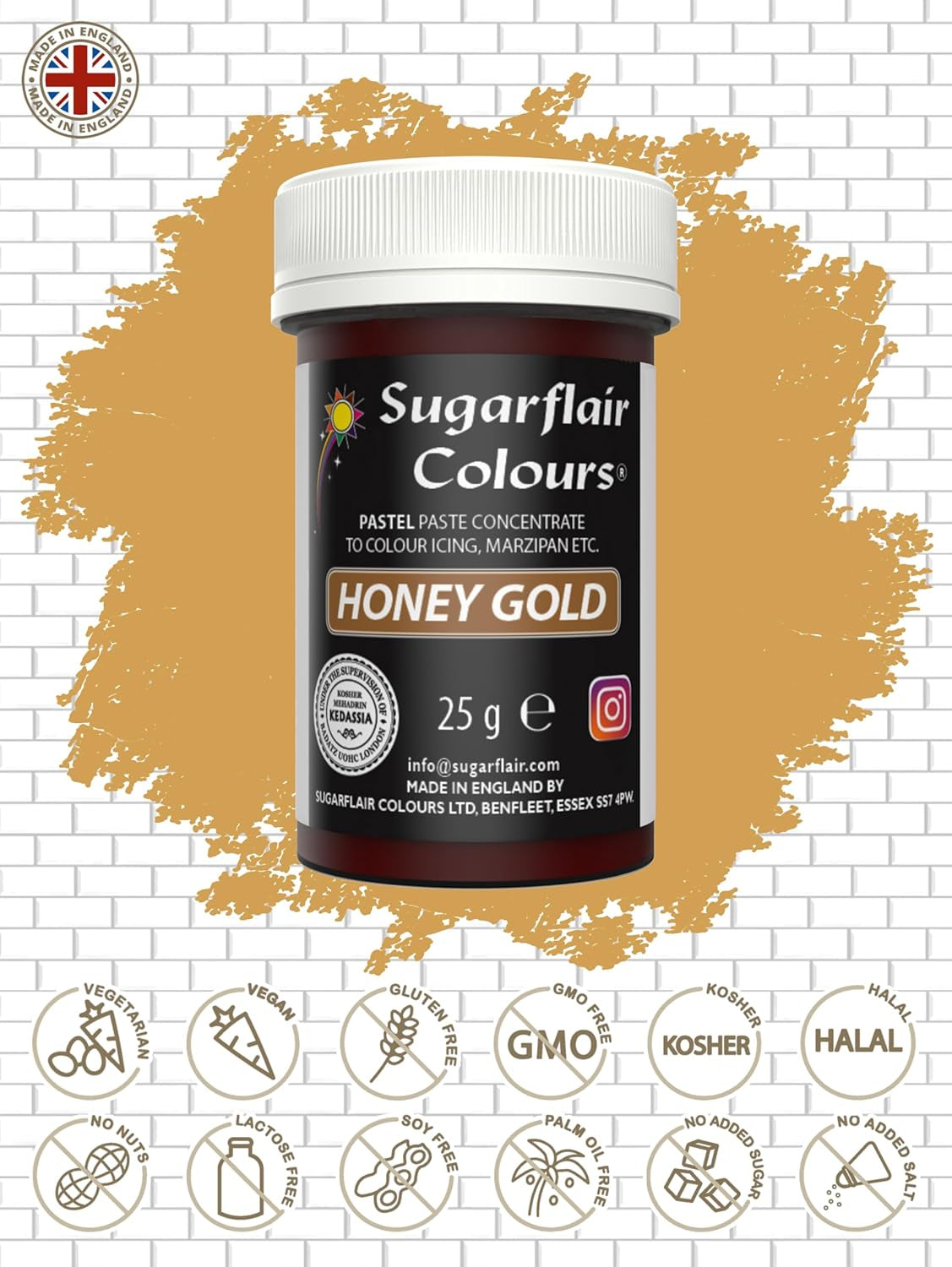 Colorant alimentar Sugarflair pentru paste, culoarea pastelului Honey Gold, colorant alimentar pentru paste, pentru fondant și marțipan, culori concentrate Spectral - 25 g