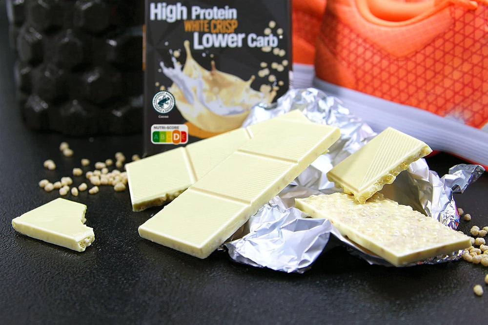 frankonia CHOCOLAT POWER MOTION fără zahăr adăugat - Ciocolată albă crocantă cu conținut ridicat de proteine și conținut scăzut de carbohidrați, 90 g