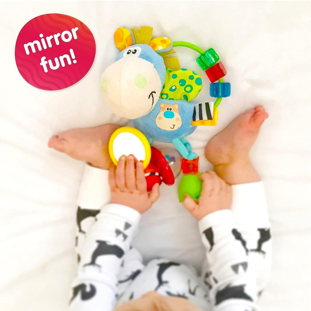 Playgro 101145 Cal de pluș cu zornăitor, jucărie educativă, de la 3 luni, fără BPA, Playgro Toy Box Horse Klipp Klapp, albastru/colorat, 40016, dimensiuni: 15 x 6 x 20 cm , 1 buc Jucarii Bebe Naty Shop