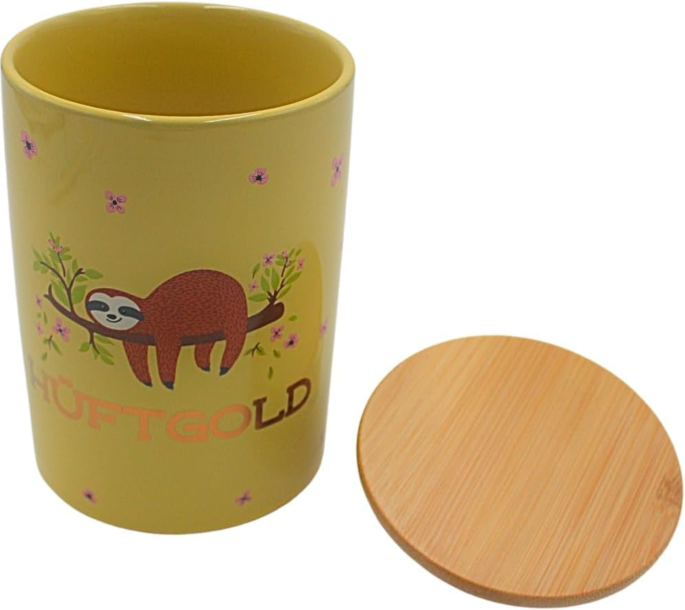 Dekohelden24 Cutie ceramică elegantă pentru depozitare/cafea/alimente proaspete/biscuit Hüftgold. Motivul: leneș. Dimensiuni: H/Ø 15,6 x 11 cm. Cutii depozitare alimente Naty Shop