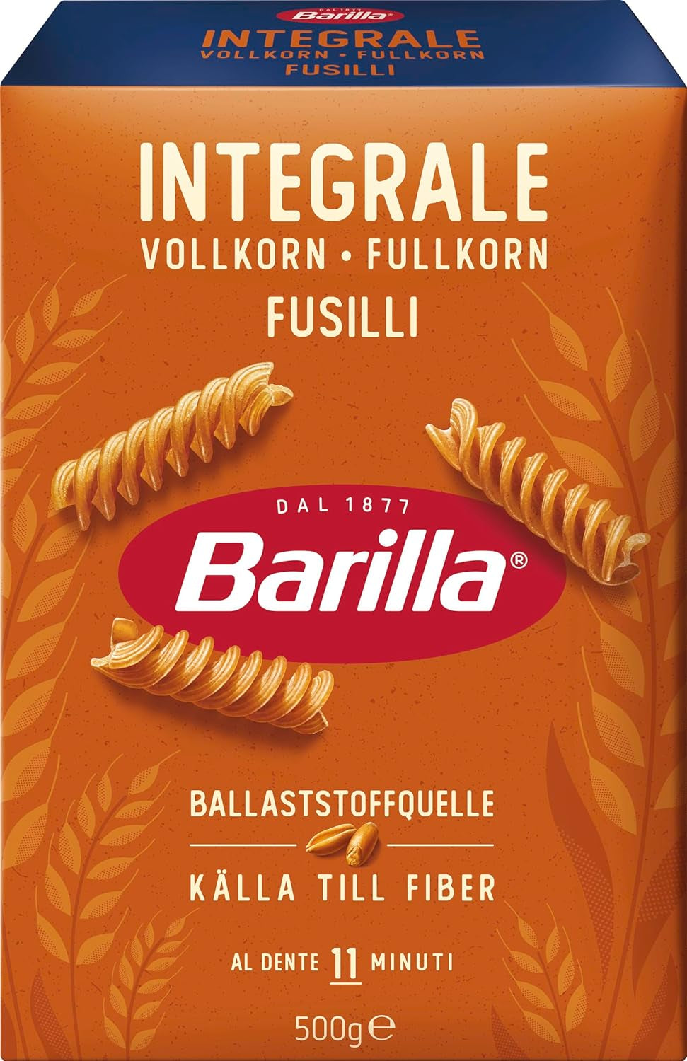 Barilla Pasta Integrale Fusilli – Paste integrale din griș cu fibre naturale, 500 g