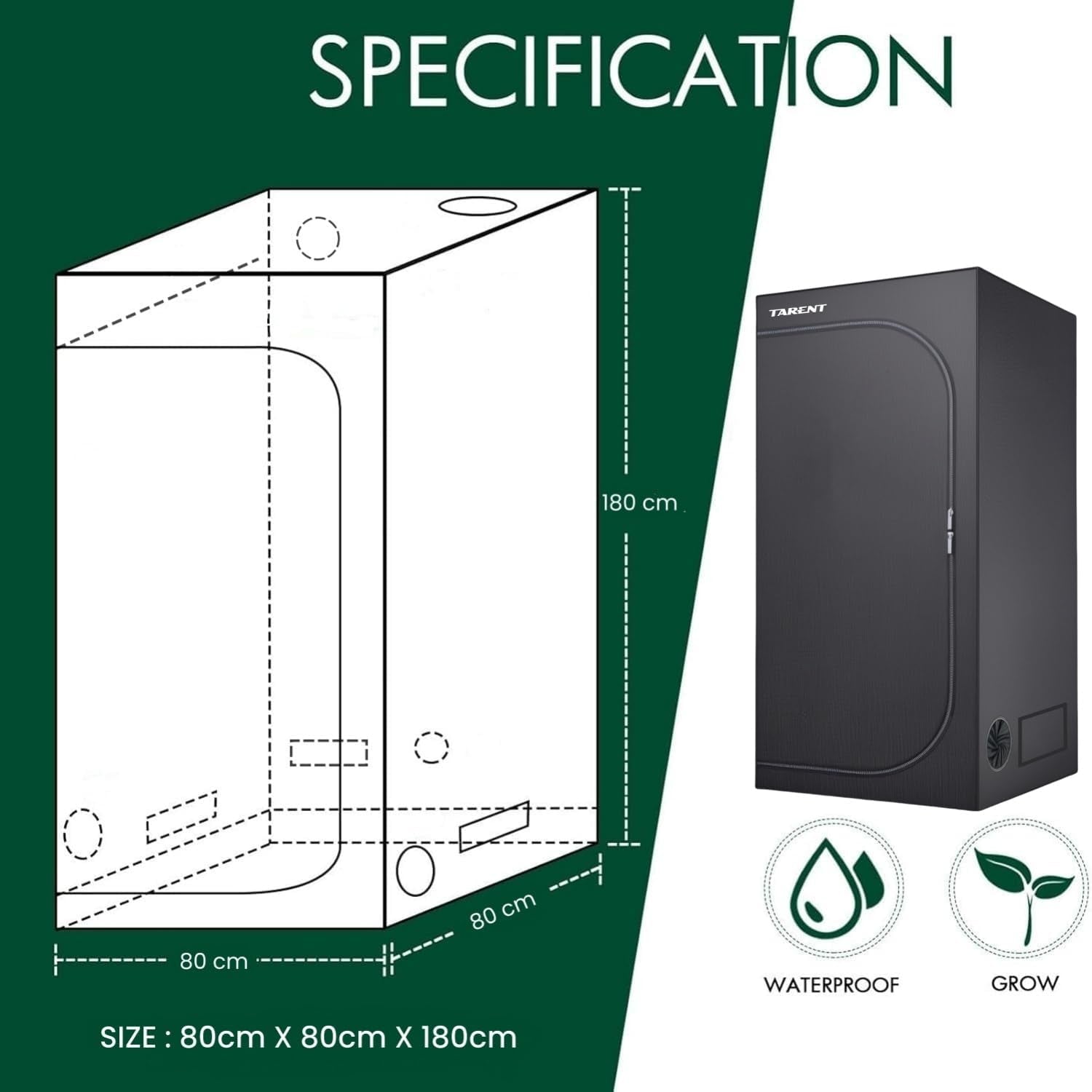 Cort de creștere 80x80x180 cm, cort de creștere cu tavă de bază detașabilă și impermeabilă, dimensiune ideală pentru hidroponie, de