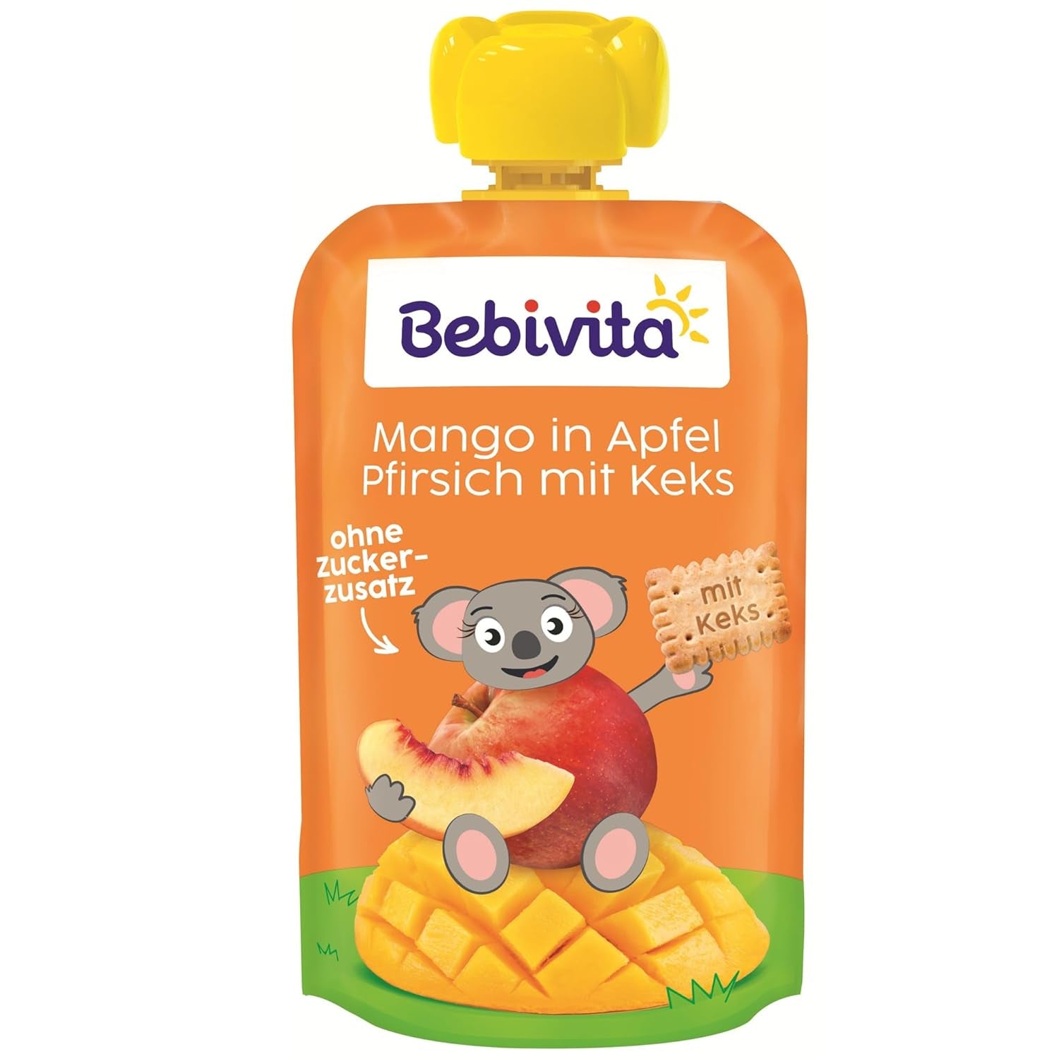 Mango în sos de mere și piersici cu plic de biscuiți (6 x 120g), fără zahăr adăugat, preparat din fructe blânde și cereale valoroase, ideal pentru gustări la pachet și pentru deplasare.