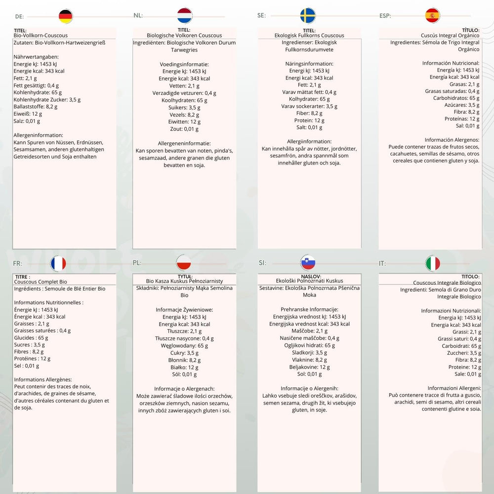 Cuscus integral organic Wholefood Earth – 1kg | Crud | Fără OMG | Vegan | Bogat în fibre | Certificat organic