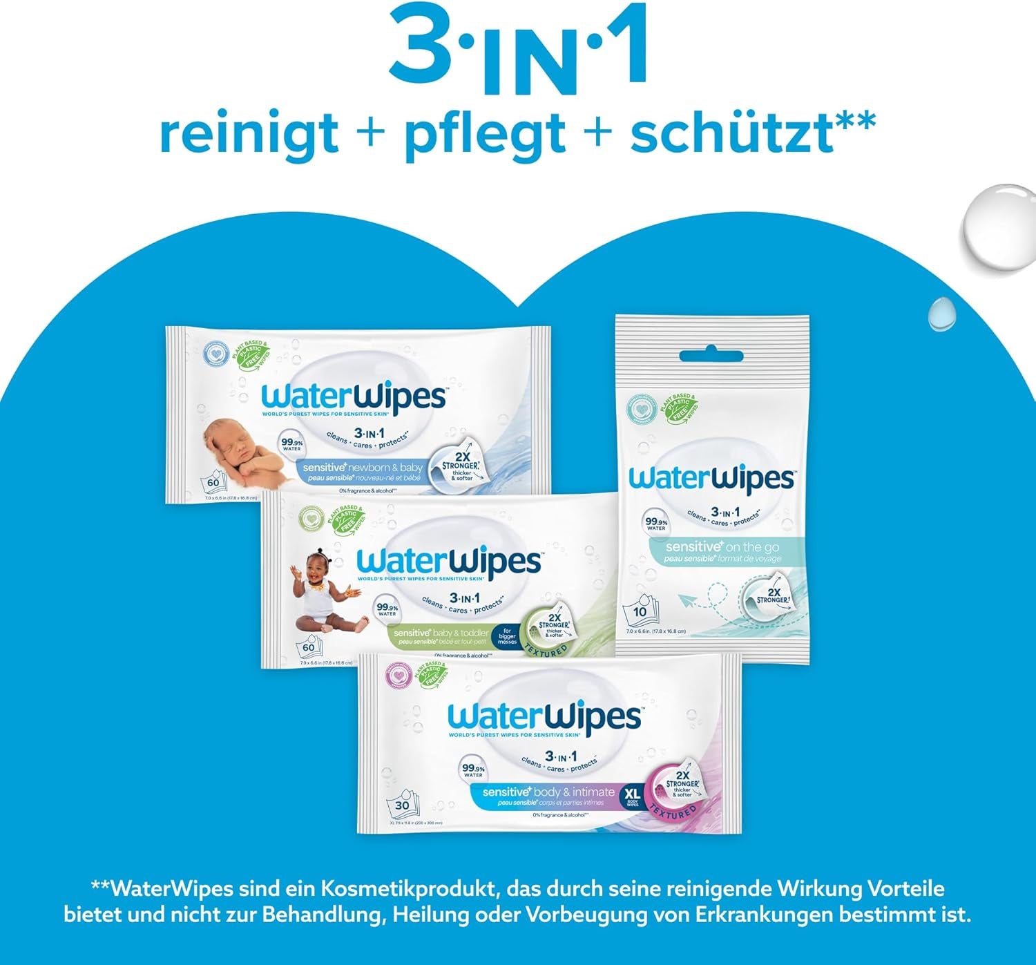 Șervețele umede WaterWipes Sensitive+ pentru nou-născuți și bebeluși, 540 bucăți (9 pachete), curățare, îngrijire, protecție 3 în 1, 99,9% apă, fără parfum