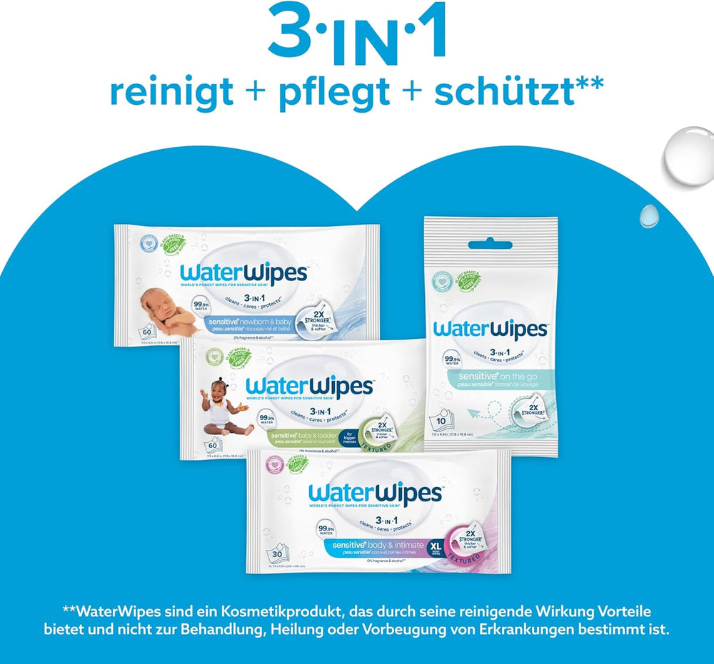 Șervețele umede WaterWipes Sensitive+ pentru nou-născuți și bebeluși, 240 bucăți (4 pachete), curățare, îngrijire, protecție 3 în 1, 99,9% apă, fără parfum