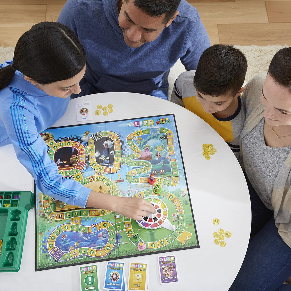 Joc de societate Hasbro The Game of Life Super Mario pentru copii cu vârsta de 8 ani și peste, joacă mini-jocuri, colectează stele și luptă cu Bowser