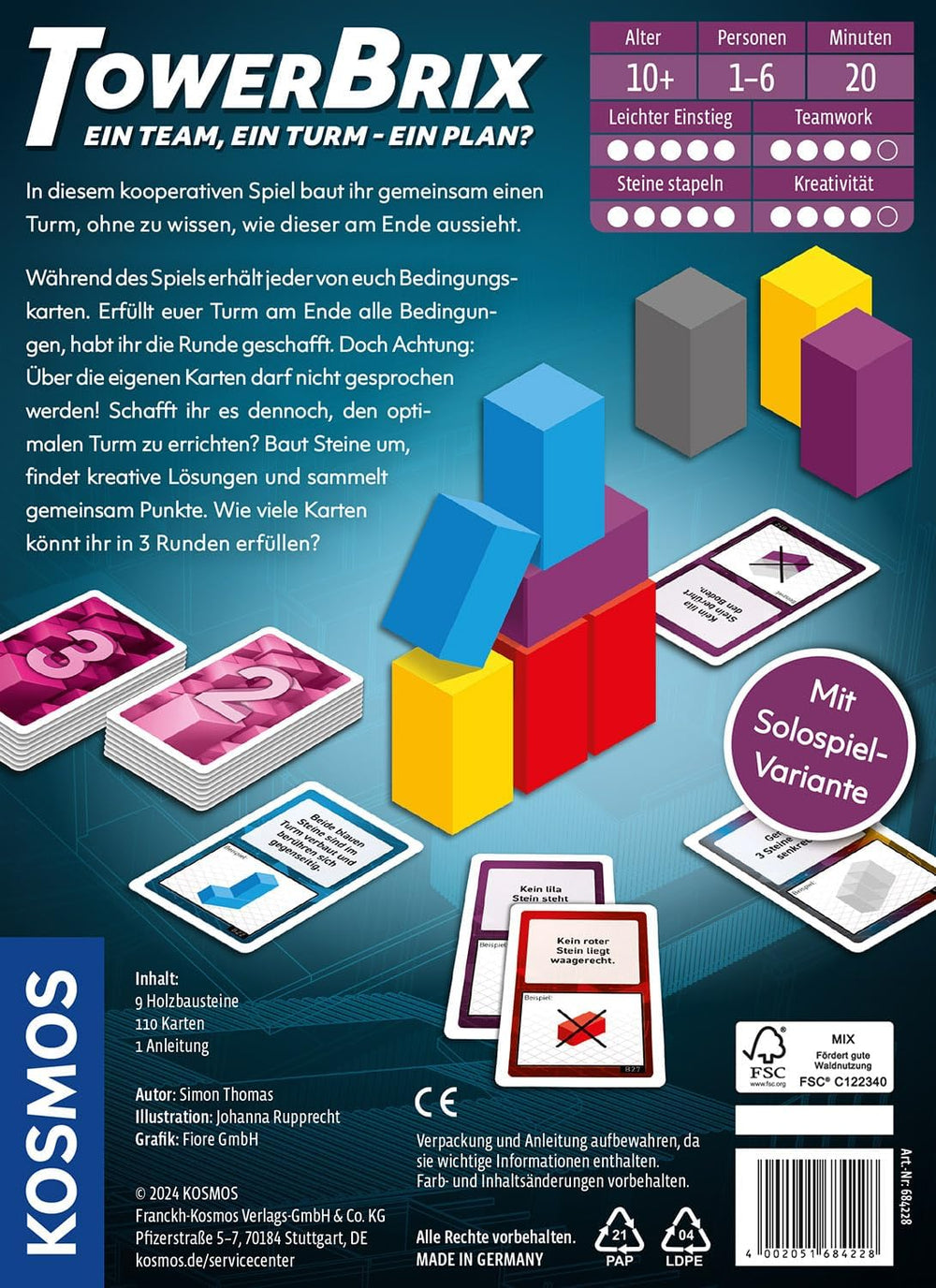 KOSMOS 684228 TowerBrix: O echipă, UN turn - UN plan? Joc de dexteritate cooperativ, construiți împreună fără un plan, joc de societate pentru 1-6 jucători cu vârsta de 10 ani și peste