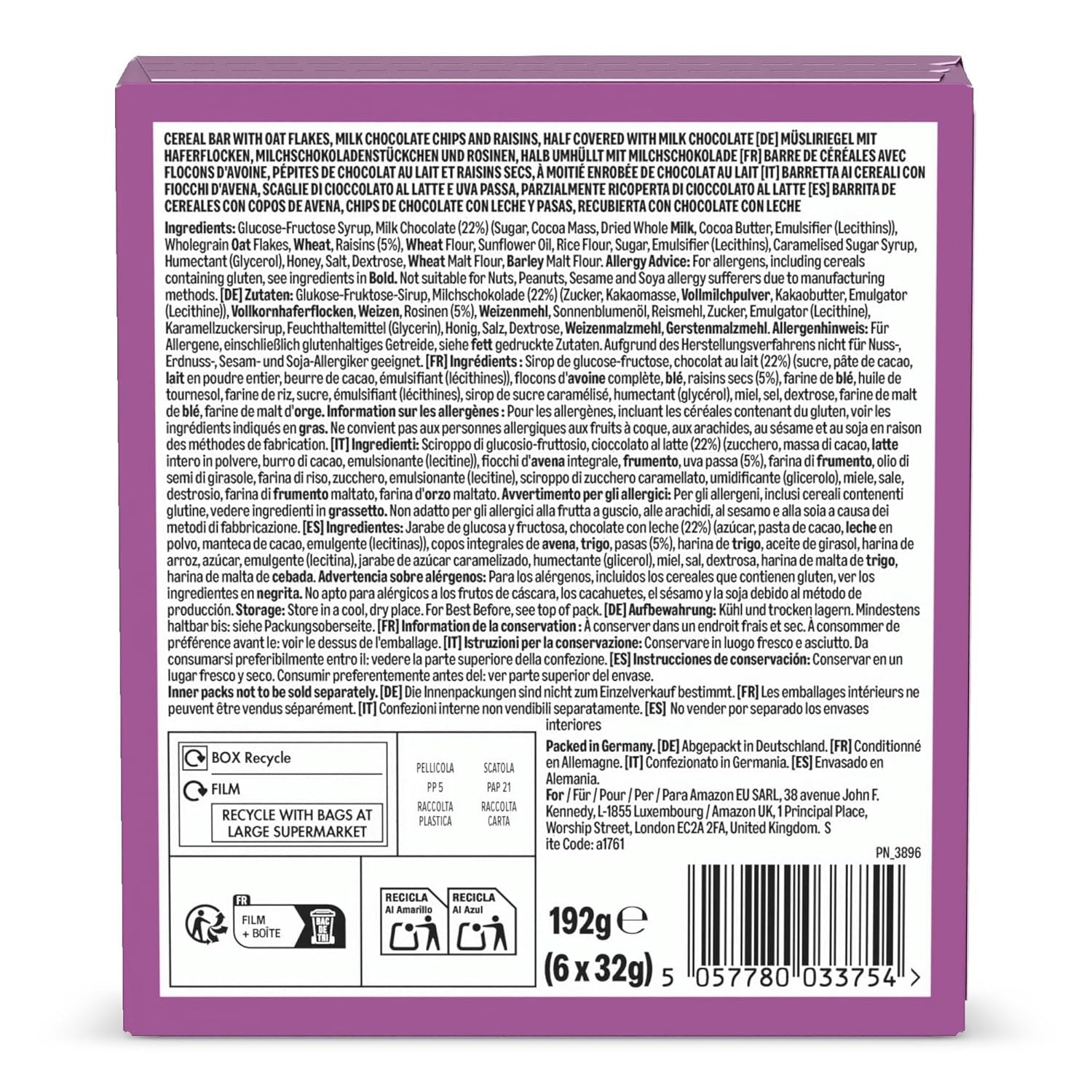 Baton Muesli cu ciocolată și stafide de la Amazon, 192g