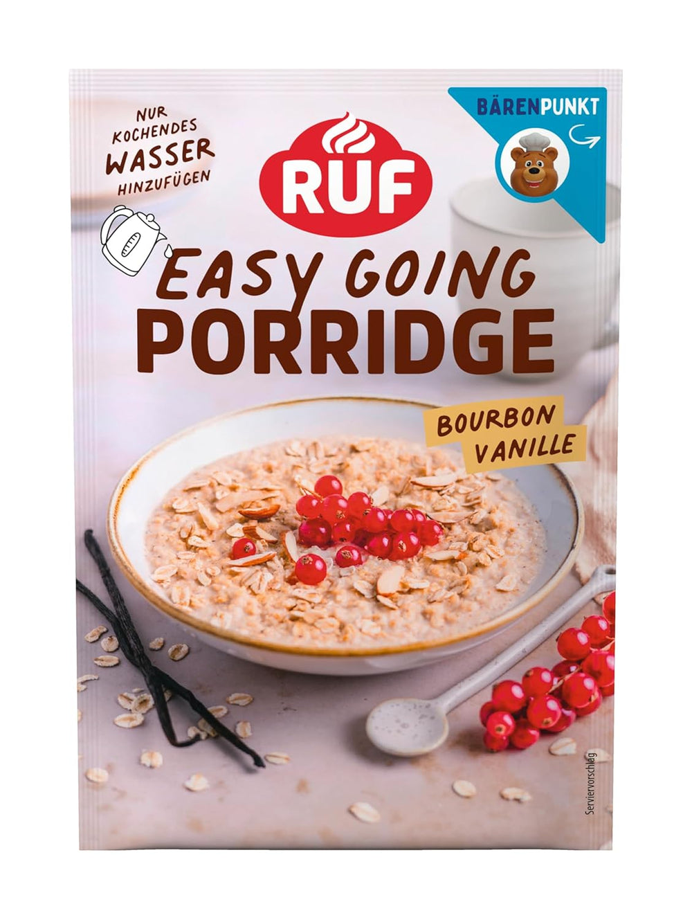 Terci de ovăz instant RUF cu căpșuni și vanilie, o masă de vară cu ovăz gata în 3 minute, 1 pliculeț x 65g