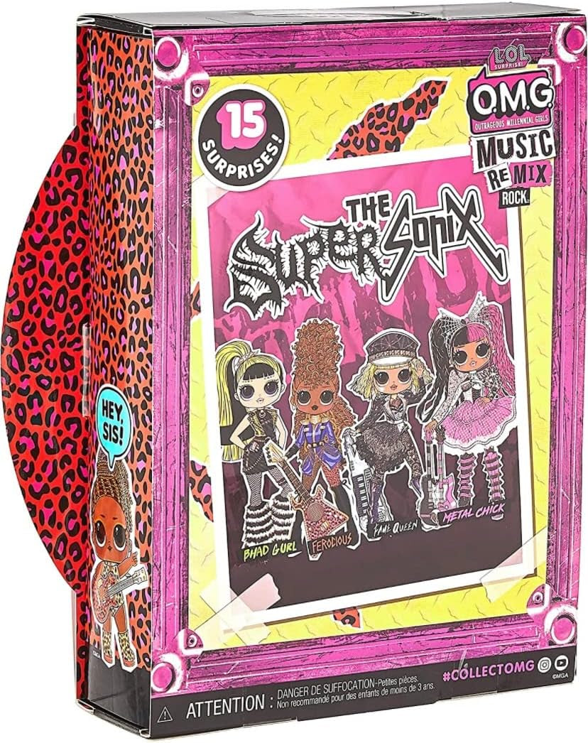 L.O.L. Surprise! OMG Remix Rock FEROCIOUS Modepuppe mit 15 Überraschungen -mit Bassgitarre, Outfit, Schuhen, Bürste, Puppenständer, Songtext-Magazin & Plattenspieler-Paket - Für Mädchen ab 4+ Jahren
