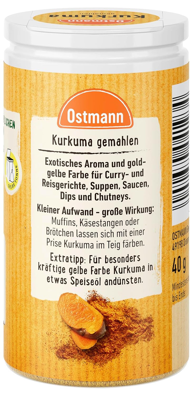 Ostmann Gewürze - Kurkuma gemahlen | Perfektes Gewürz für Curry- und Reisgerichte | Verleiht Gerichte eine goldgelbe Farbe | Natürliche Zutaten | 40 g in der Streudose