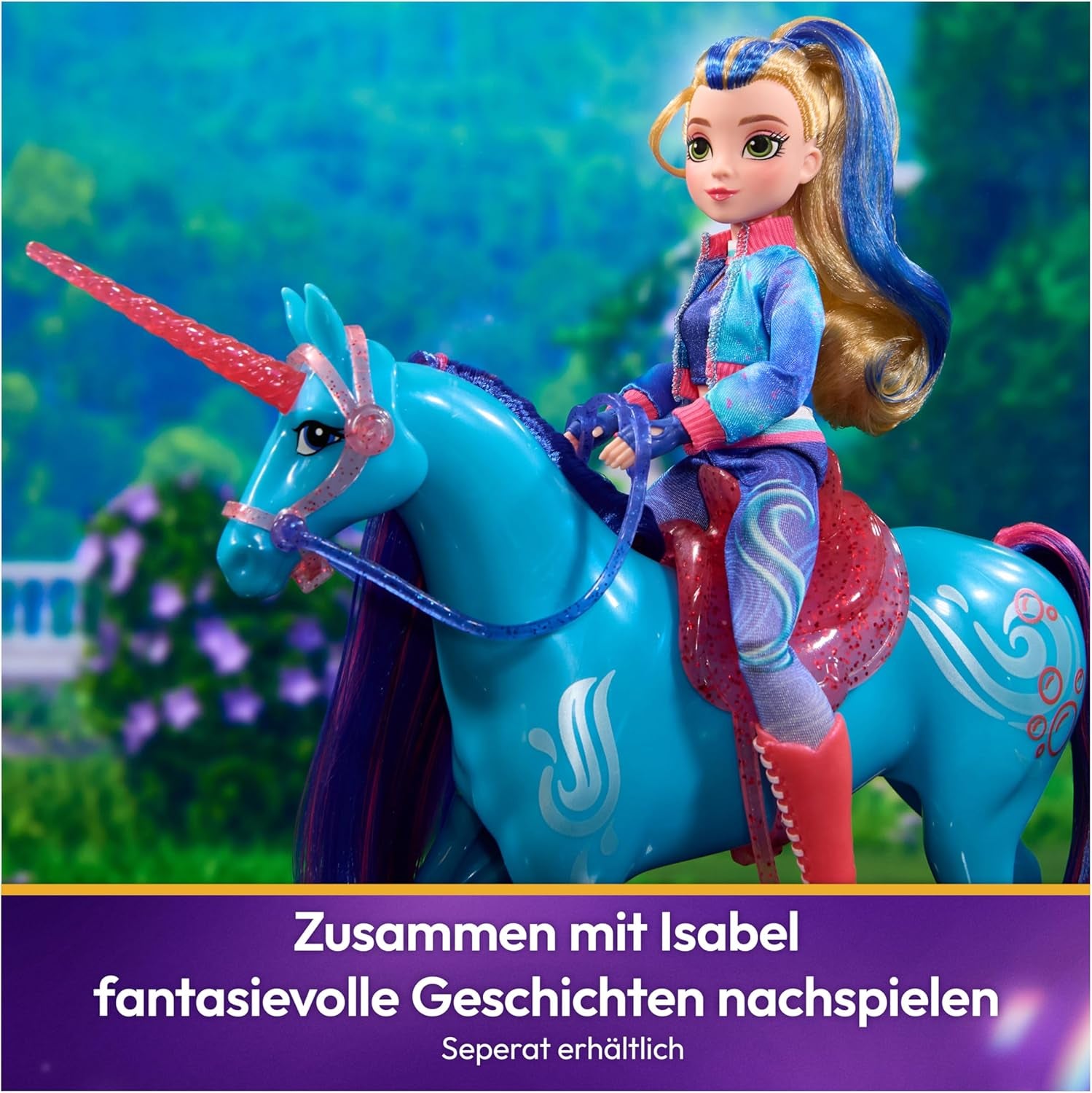 Academia Unicornilor Unicorn River - 28 cm înălțime, unicorn original de Isabel din serialul Netflix, cu coamă și coadă reale, frâu și șa detașabile și perie, pentru copii cu vârsta de 4 ani și peste
