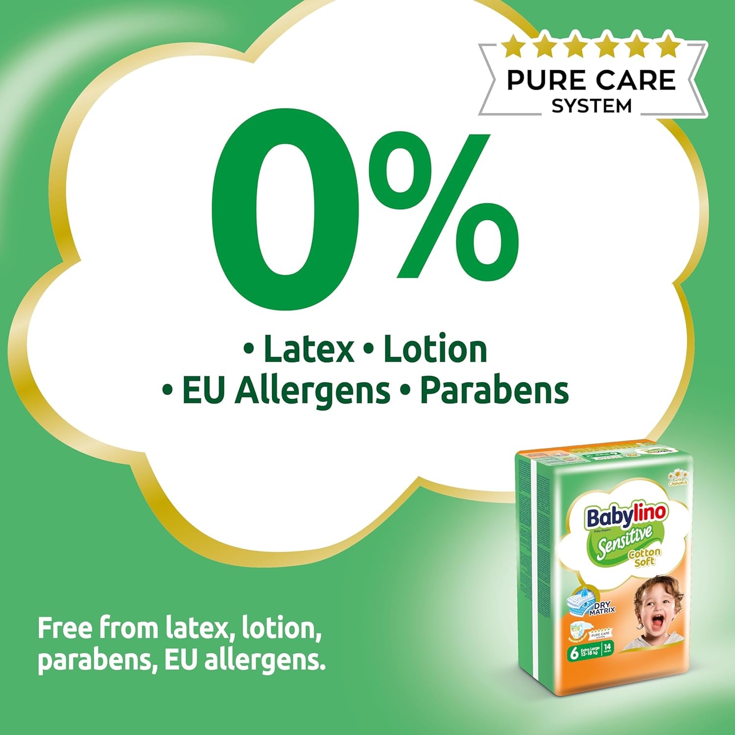 Scutece pentru bebeluși sensibili, mărimea 6, extra mari (13-18 kg), 114 scutece