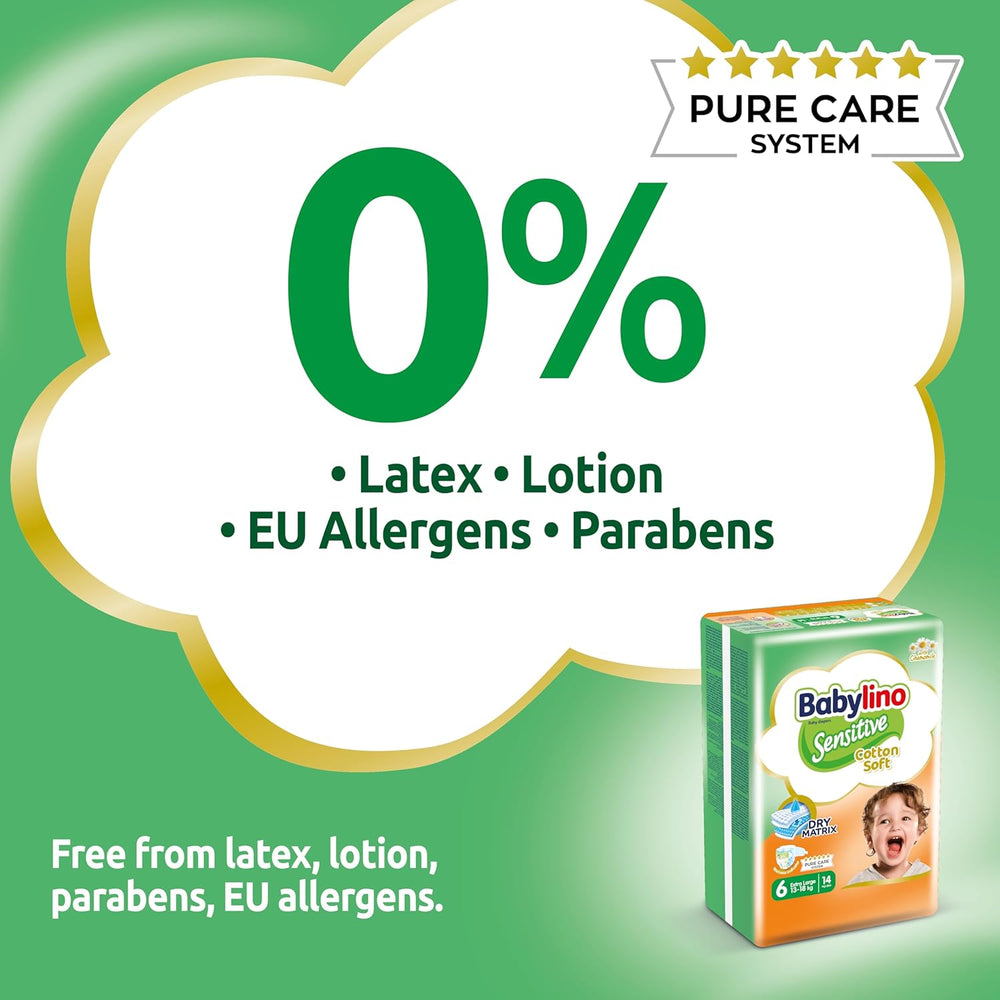 Scutece pentru bebeluși sensibili, mărimea 6, extra mari (13-18 kg), 114 scutece