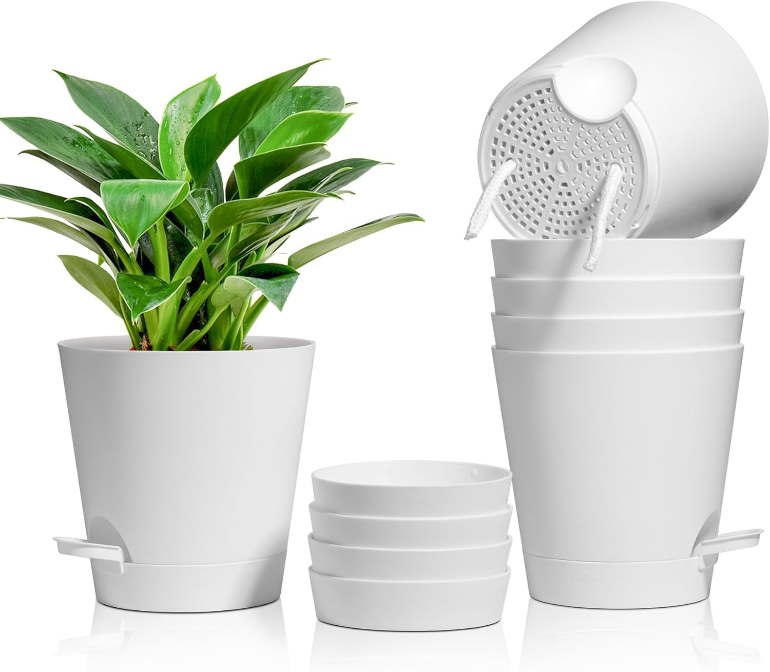 Ghiveci de flori din plastic T4U de 14 cm cu sistem de udare, set de 6 ghivece cu auto-udare și farfurioare, ghivece rotunde pentru plante de grădină de interior și balcon, suculente, cactuși, alb