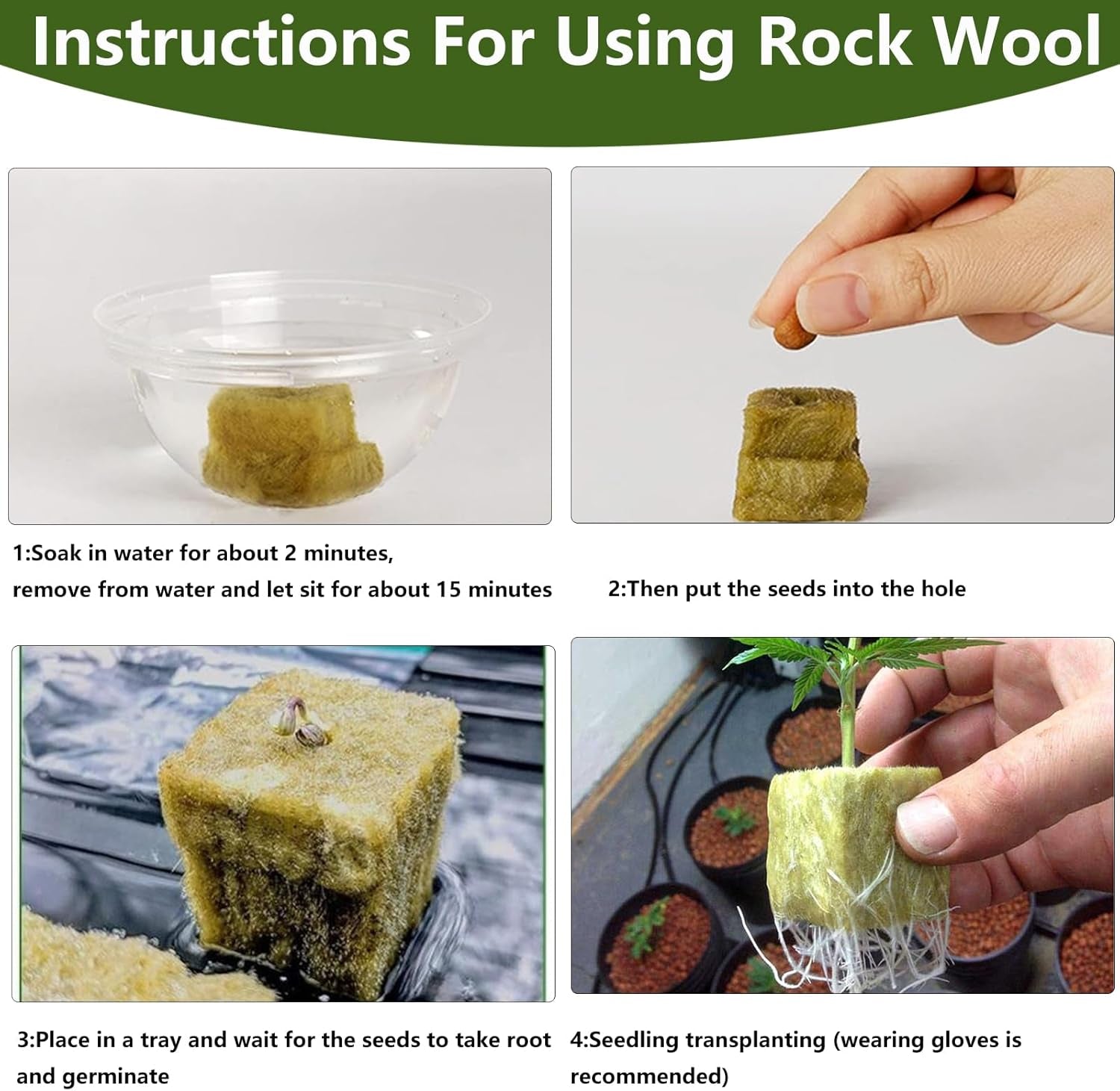 50 de bucăți de covoraș de creștere din vată minerală, cub de vată minerală, izolație din vată minerală, covoraș de creștere din vată minerală cu foarfece și mănuși pentru creștere fără sol, hidroponie și transplantare