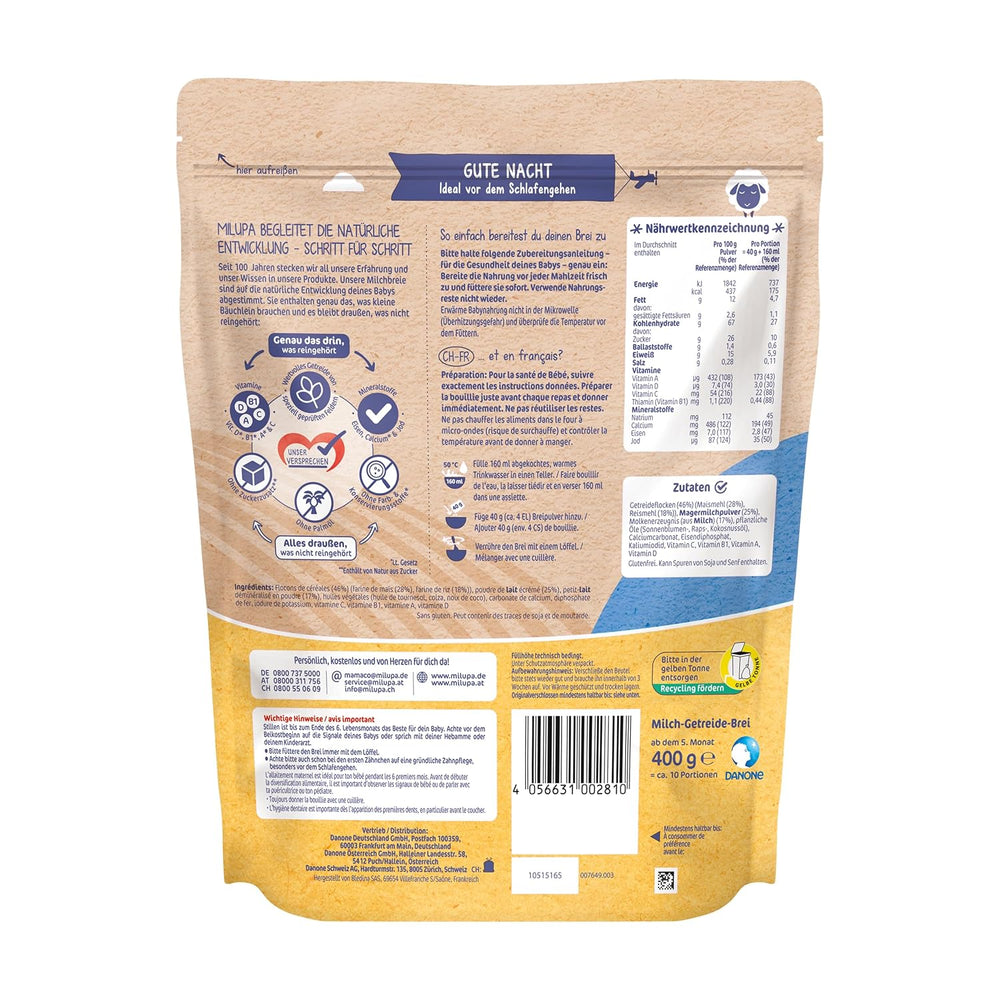 Terci de lapte Milupa Gentle Start – Cereale pentru bebeluși fără gluten, fără ulei de palmier – Fără conservanți și coloranți – De la 5 luni – 4 x 400 g