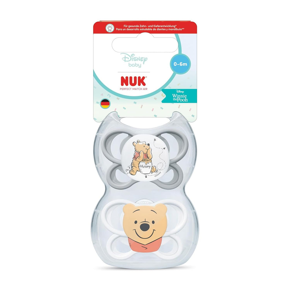 Suzete NUK Perfect Match Air pentru bebeluși | 0-6 luni | Suzete ortodontice care promovează circulația aerului și previn erupțiile cutanate cauzate de salivație | Acceptare 95% de către bebeluși** | Disney Winnie the Pooh | Pachet de 2