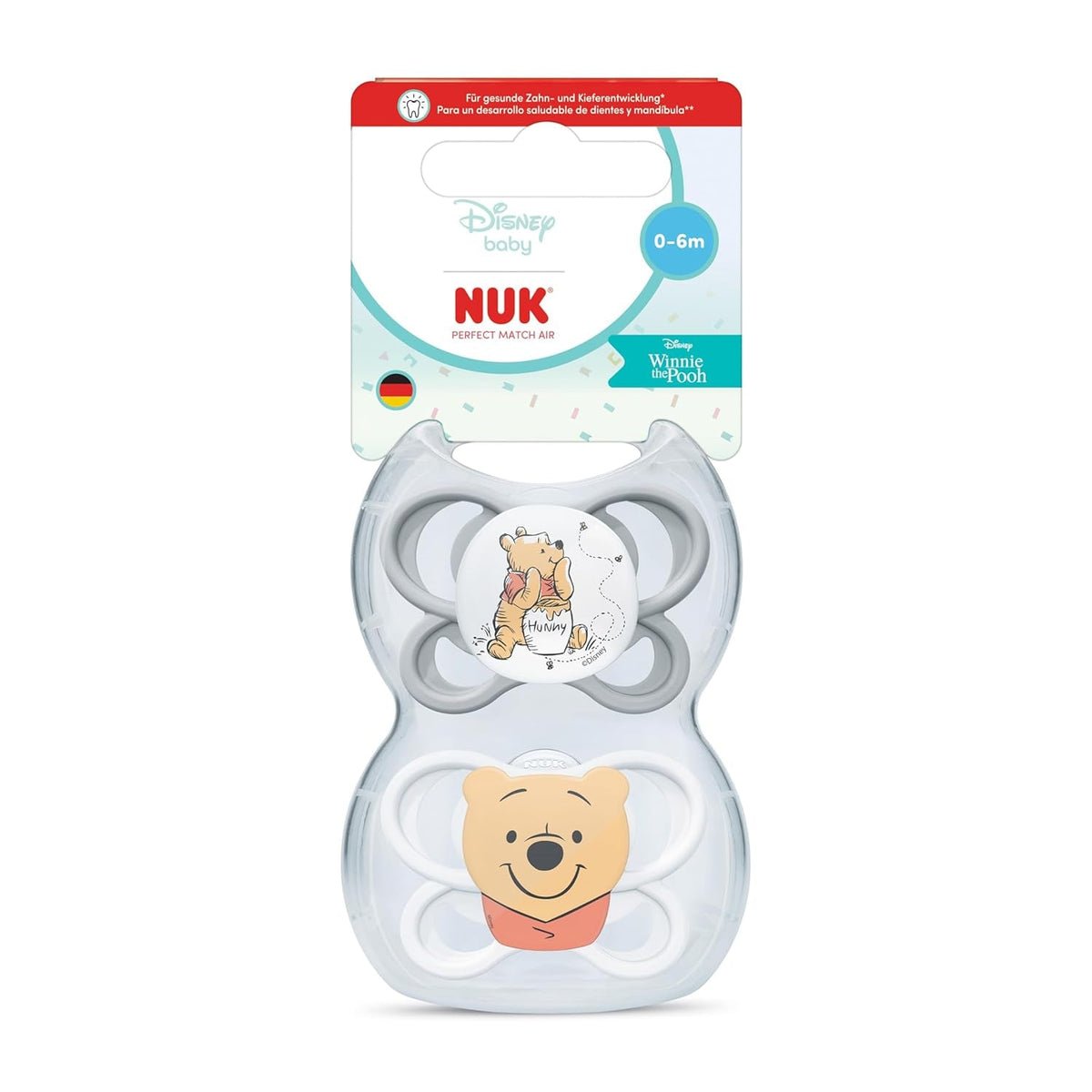 Suzete NUK Perfect Match Air pentru bebeluși | 0-6 luni | Suzete ortodontice care promovează circulația aerului și previn erupțiile cutanate cauzate de salivație | Acceptare 95% de către bebeluși** | Disney Winnie the Pooh | Pachet de 2
