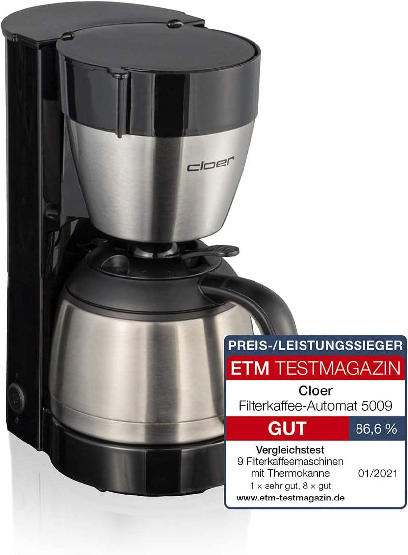 Espressor cu filtru Cloer 5009 cu funcție de menținere la cald, pentru până la 8 cești, 800 W, cu carafă izolată din oțel inoxidabil, cană filtrantă 1x4, negru