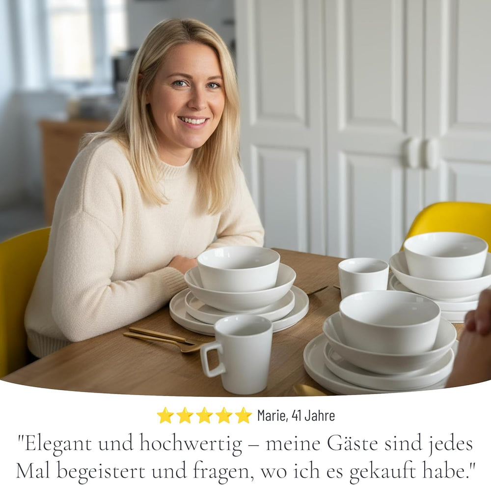 Set de veselă din porțelan pentru 12 persoane, Crystal 48 de piese, CÂȘTIGĂTOR AL TESTULUI, Set de veselă din porțelan transparent, set de boluri și farfurii, serviciu de cină pentru 12 persoane, Seturi de veselă Pure Living în alb