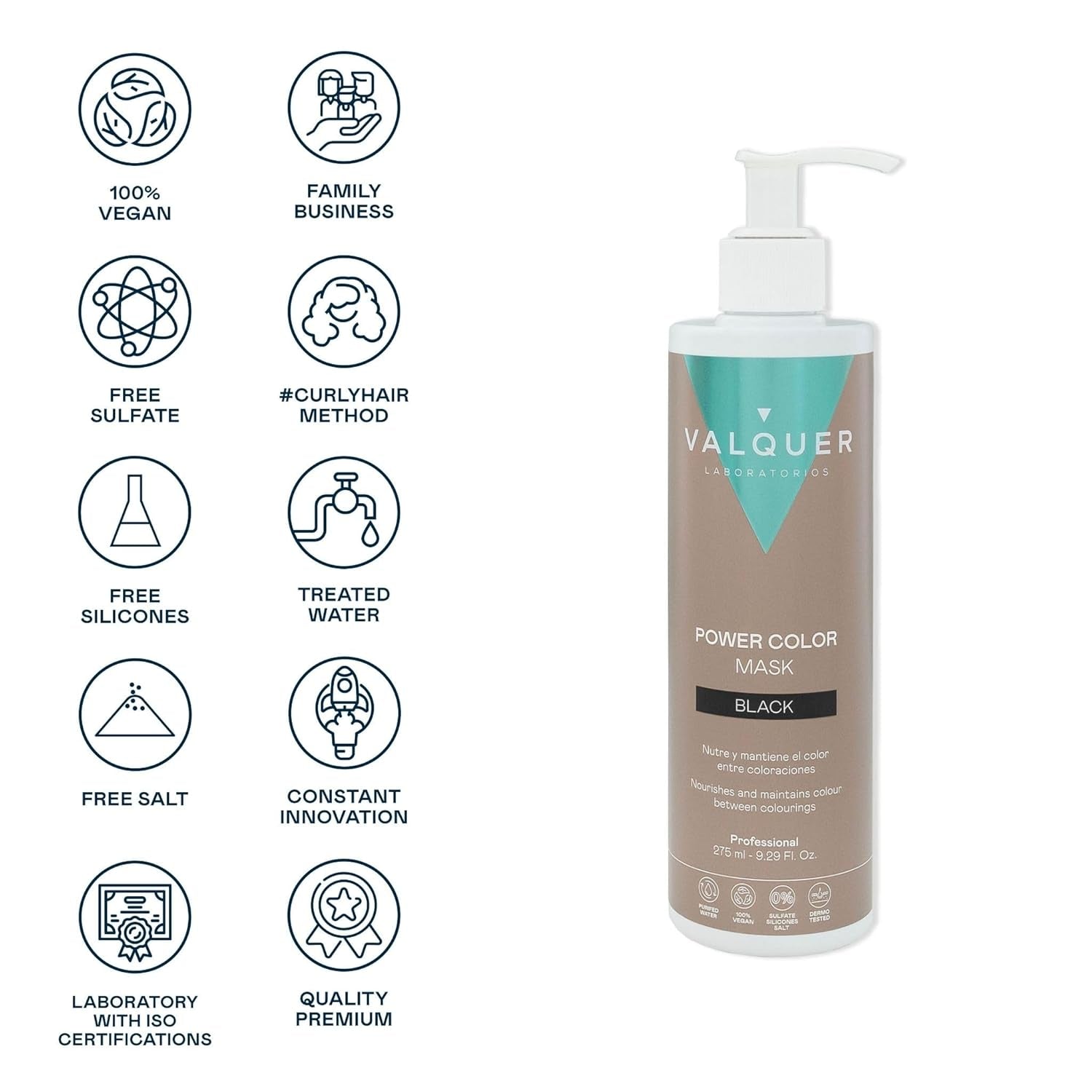 Valquer Power Color Mask formulare vegană și fără silicon Dă culoarea părului 290 ml negru Masca de par Naty Shop