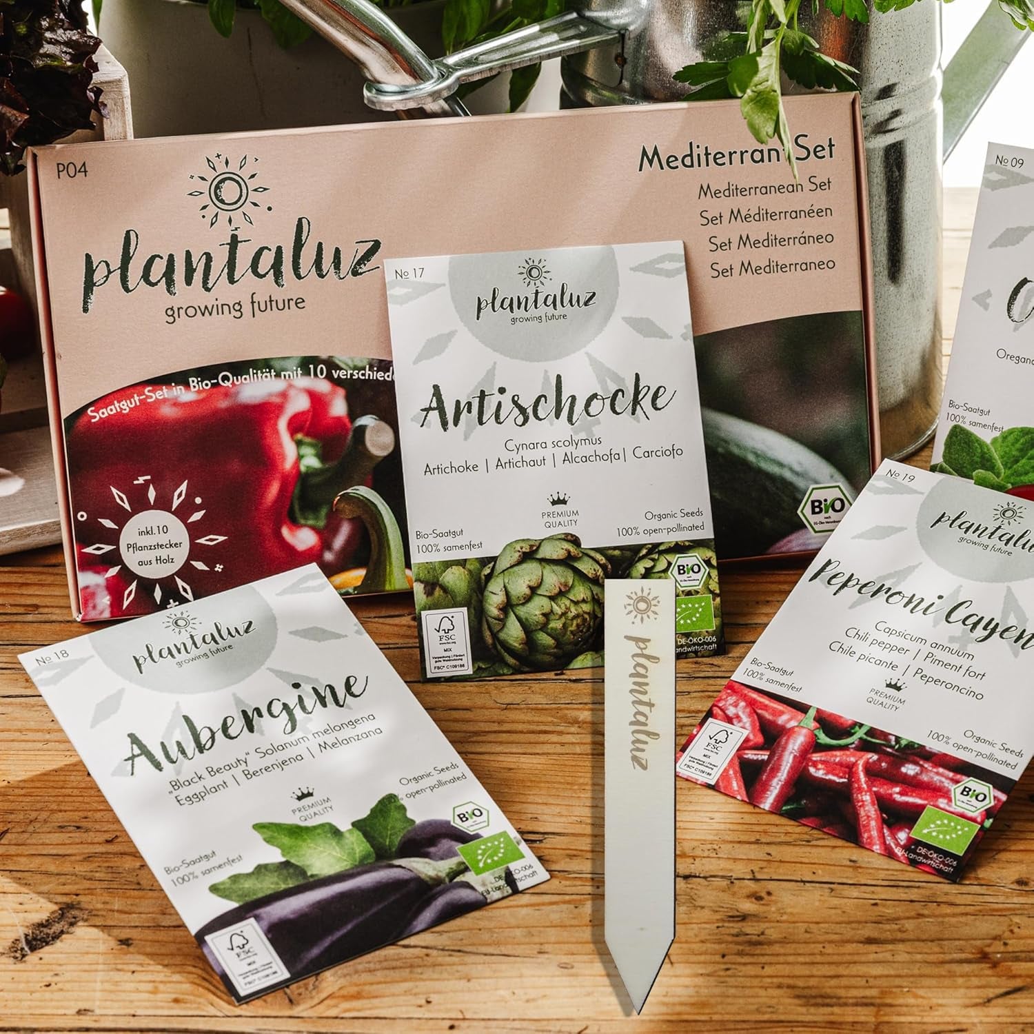 Set de semințe premium organice Plantaluz P04 – Set de semințe mediteraneene pentru legume și plante aromatice cu 10 soiuri pentru grădină, balcon și straturi înalte – incl. bețe de plantare FSC – Semințe organice cu polenizare liberă și fără OMG