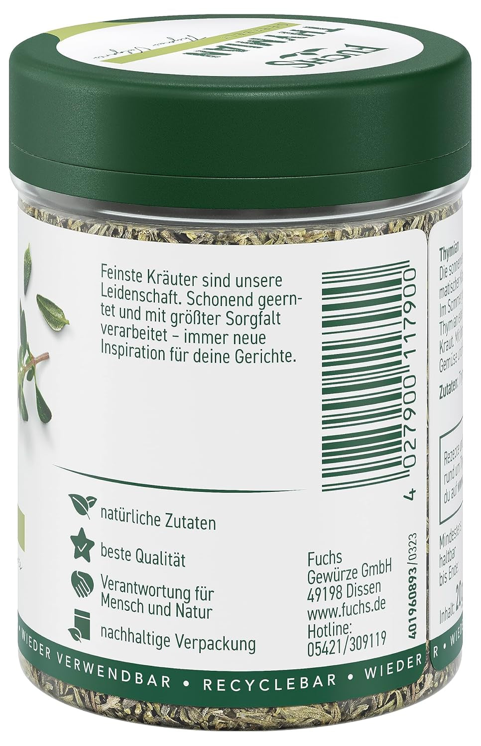 Fuchs Gewürze - Thymian gerebelt - mediterrane Kräuternote für Feta, Gemüse und Fleischgerichte - natürliche Zutaten - 20 g in wiederverwendbarer, recyclebarer Dose