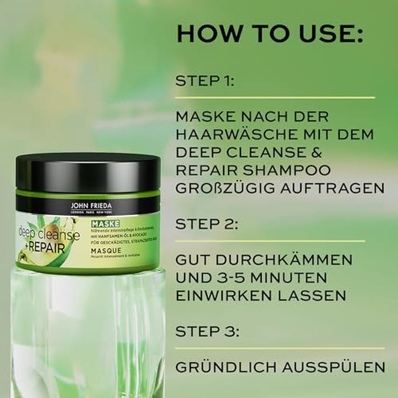 John Frieda - Deep Cleanse & Repair Mask / Treatment - Conținut: 250 ml - Cu ulei de semințe de cânepă + avocado hrănitor - Mască de păr calmantă pentru părul deteriorat Masca de par Naty Shop